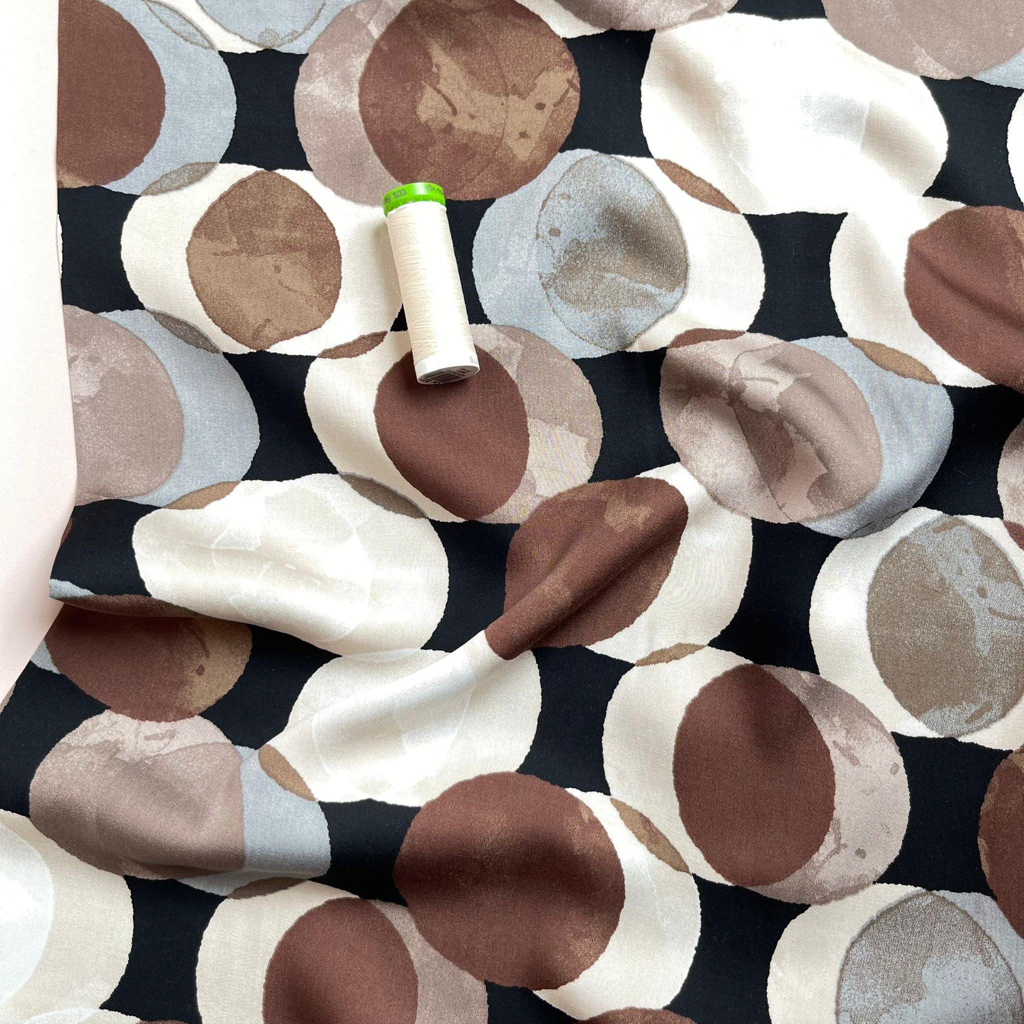 Watercolour Dots on Black Viscose Sateen Fabric