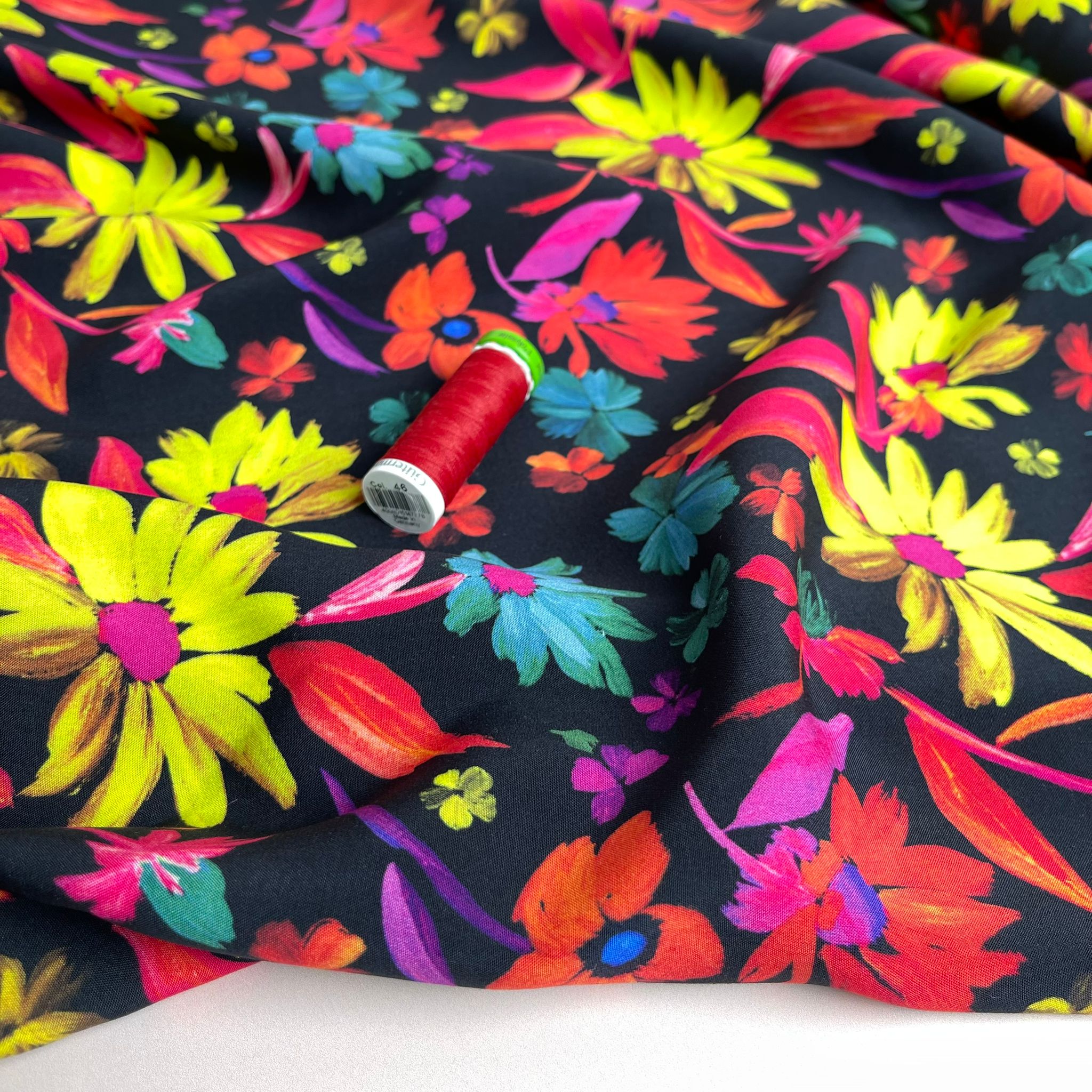 Dopamine Flowers on Black Viscose Fabric