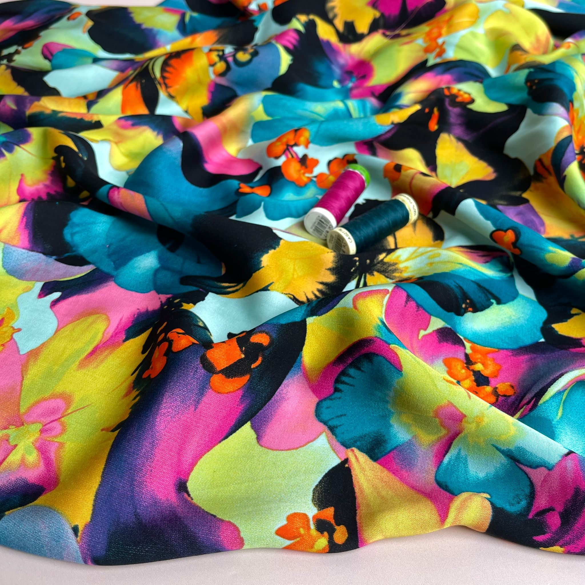 REMNANT 2.95 Metres - Vibrant Blooms in Turquoise and Pink Viscose Sateen Fabric