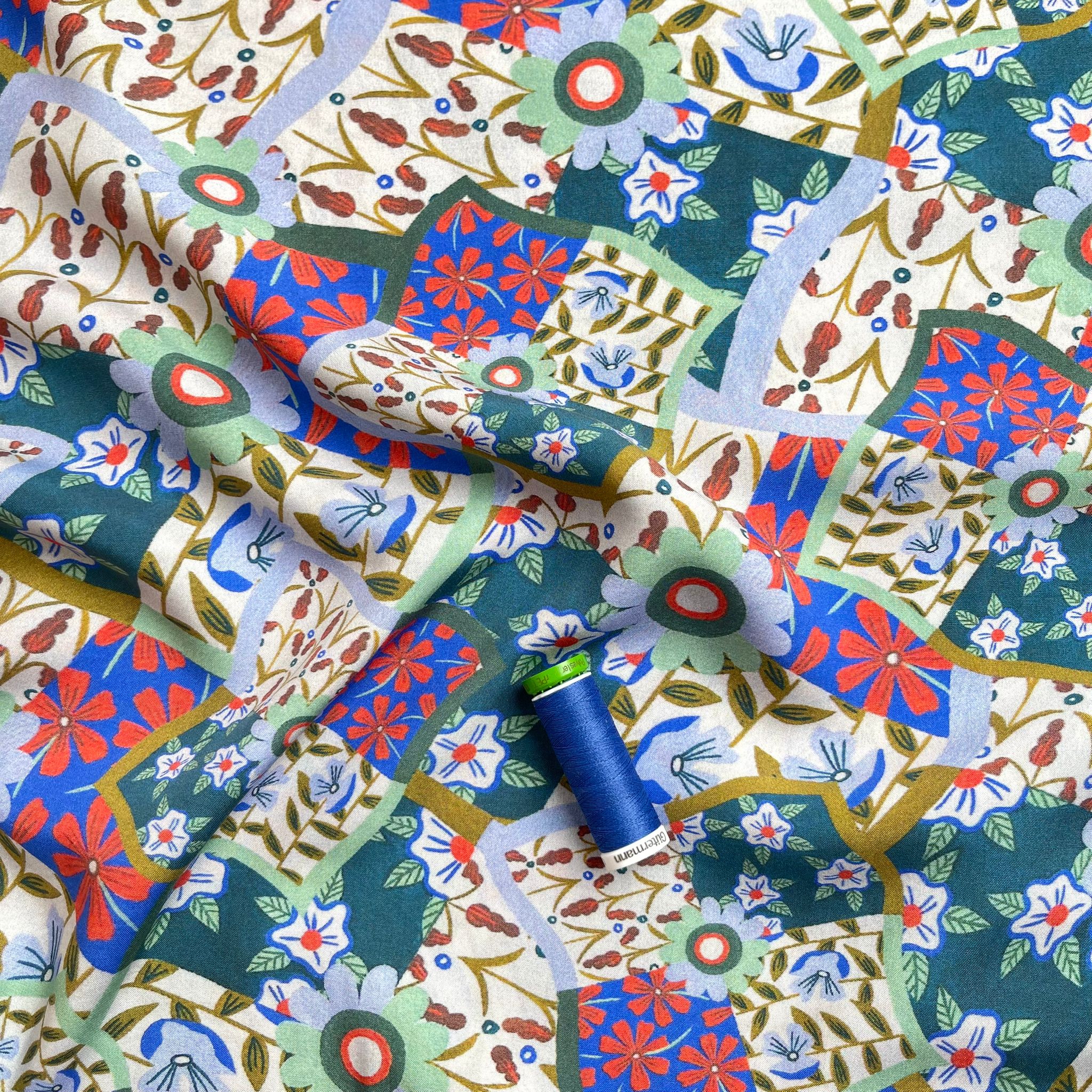 Floral Patchwork Print in Blue and Red Viscose Fabric