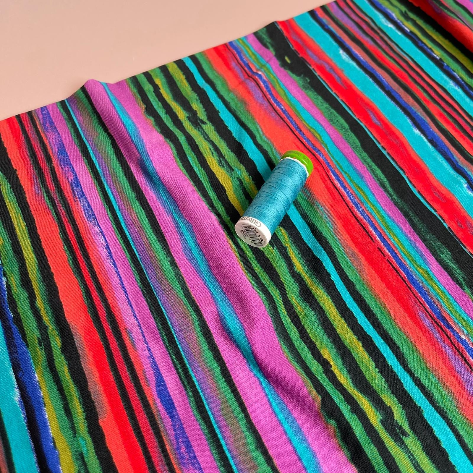 Painted Stripes in Red and Green Viscose Jersey Fabric