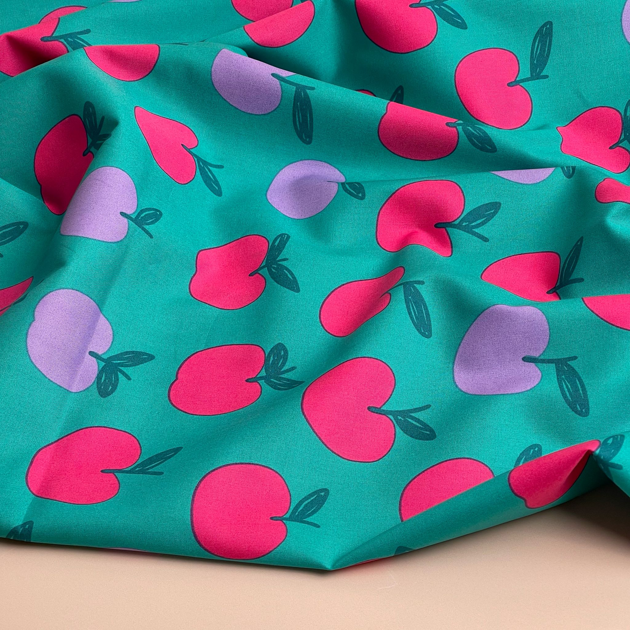 Funky Apples on Teal Cotton Poplin Fabric