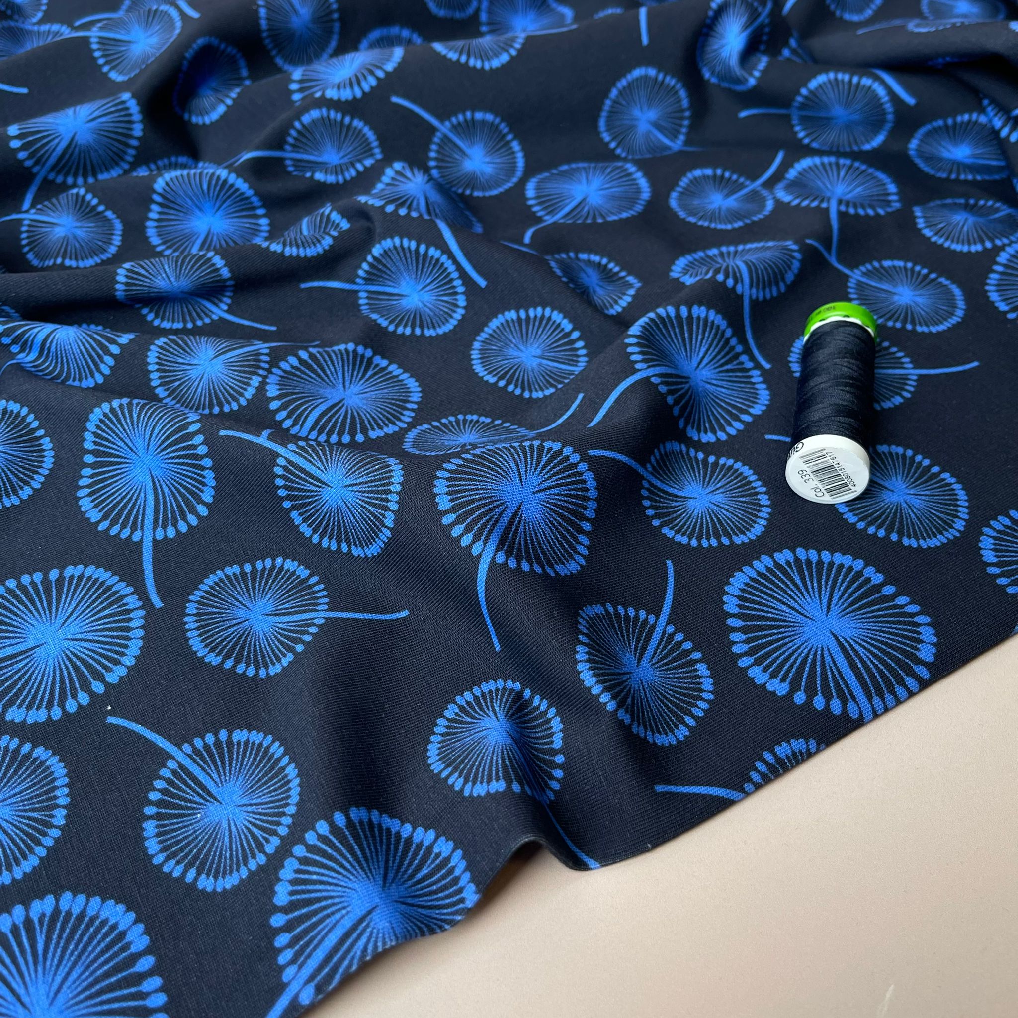Danish Design - Cobalt Dandelions on Navy Cotton Jersey Fabric