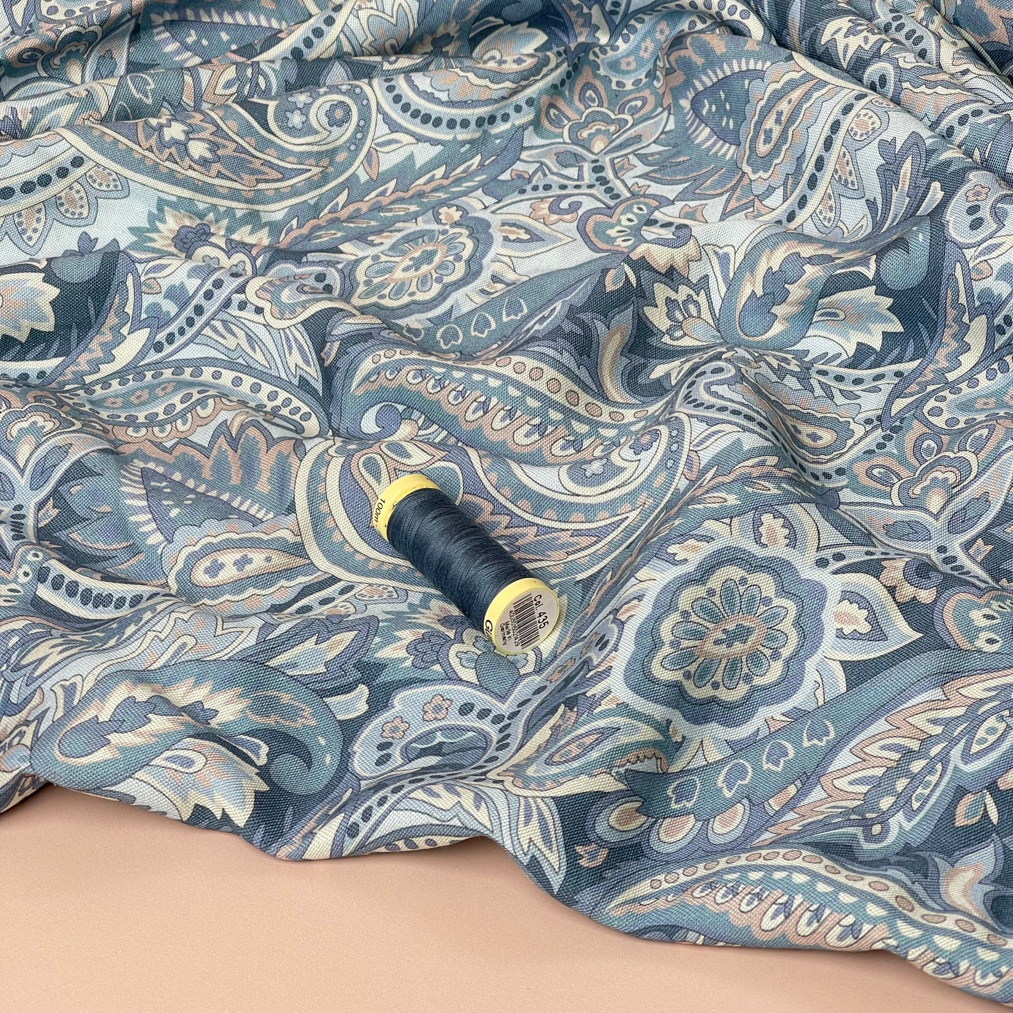 REMNANT 1.75 Metres - Denim Paisley Viscose Linen Fabric