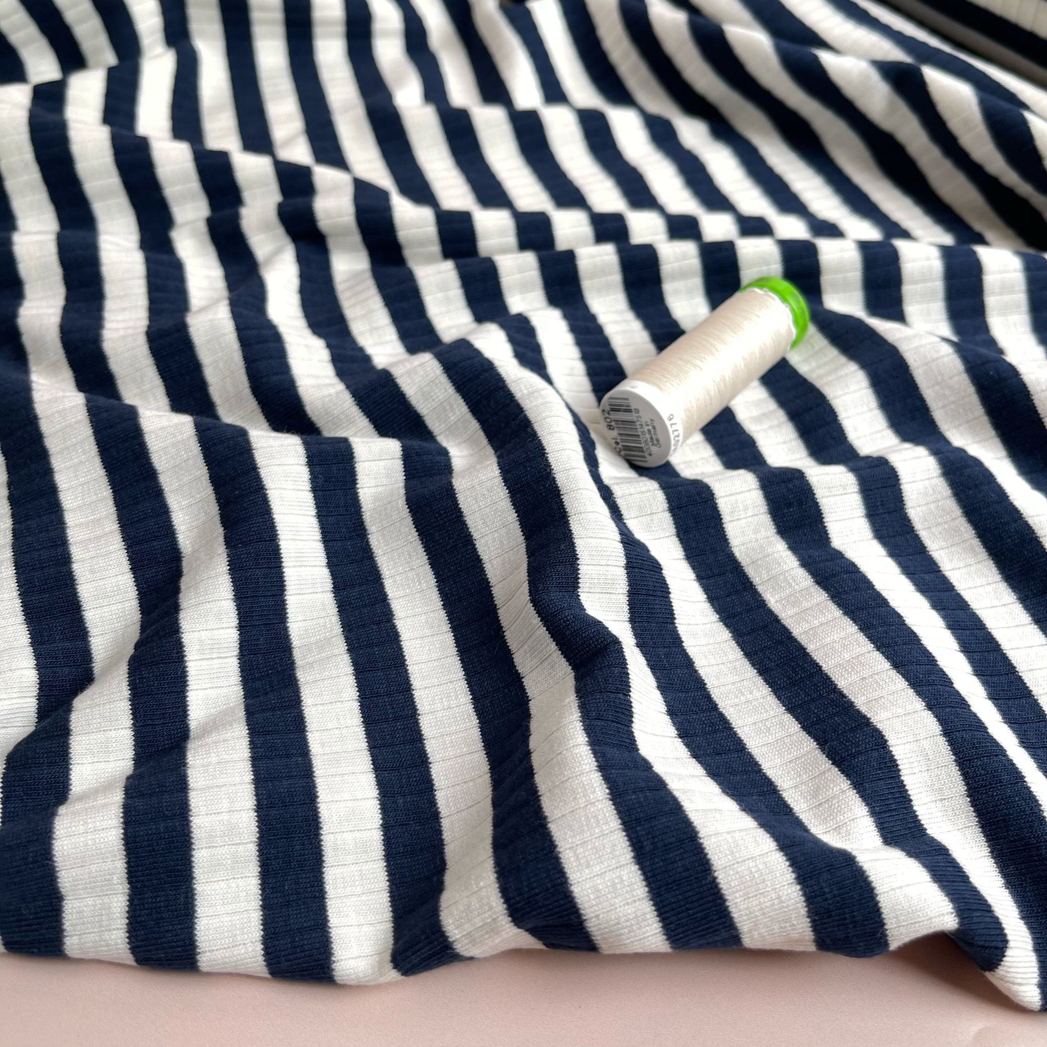 Yarn Dyed Striped Cotton Ribbed Jersey in Navy and White