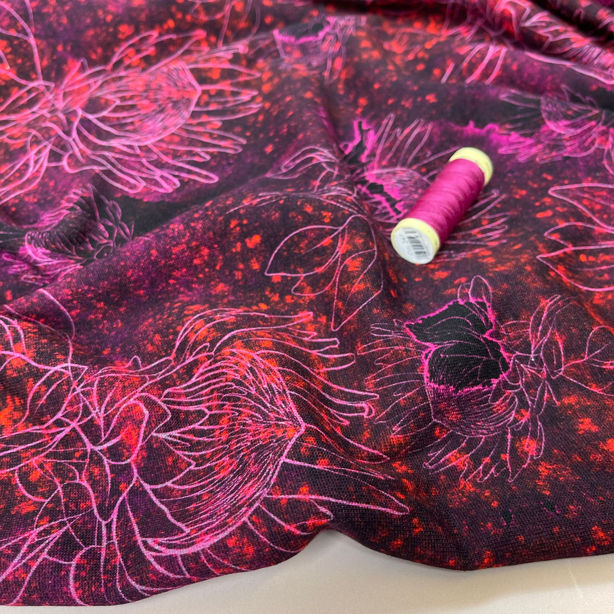 Pink Blooms on Burgundy Pure Cotton French Terry