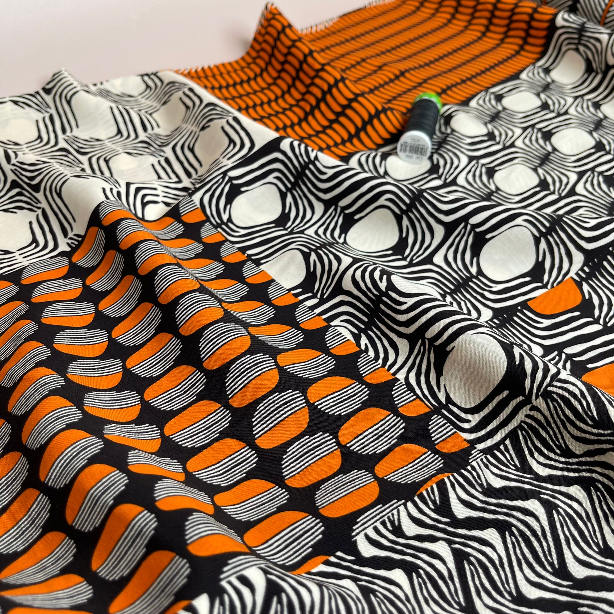 REMNANT 0.77 Metre - Patchwork Graphics in Orange Viscose Poplin Fabric