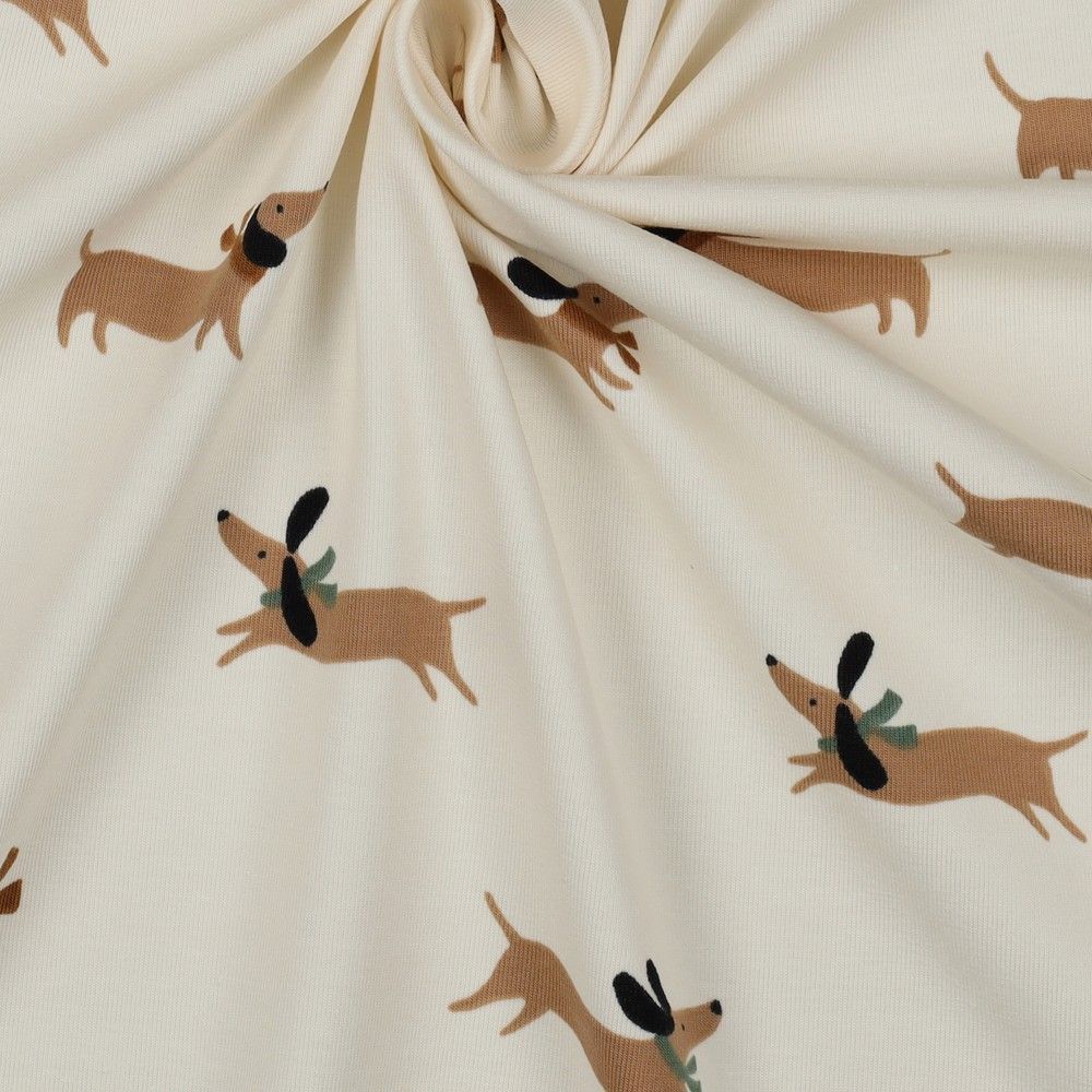 Dachshund Dogs on Off-White Cotton Jersey Fabric