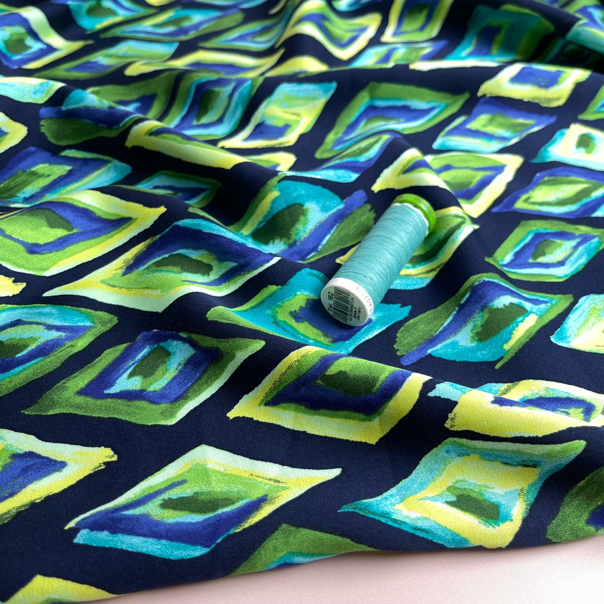 Painted Ocean Diamonds Viscose Sateen Fabric