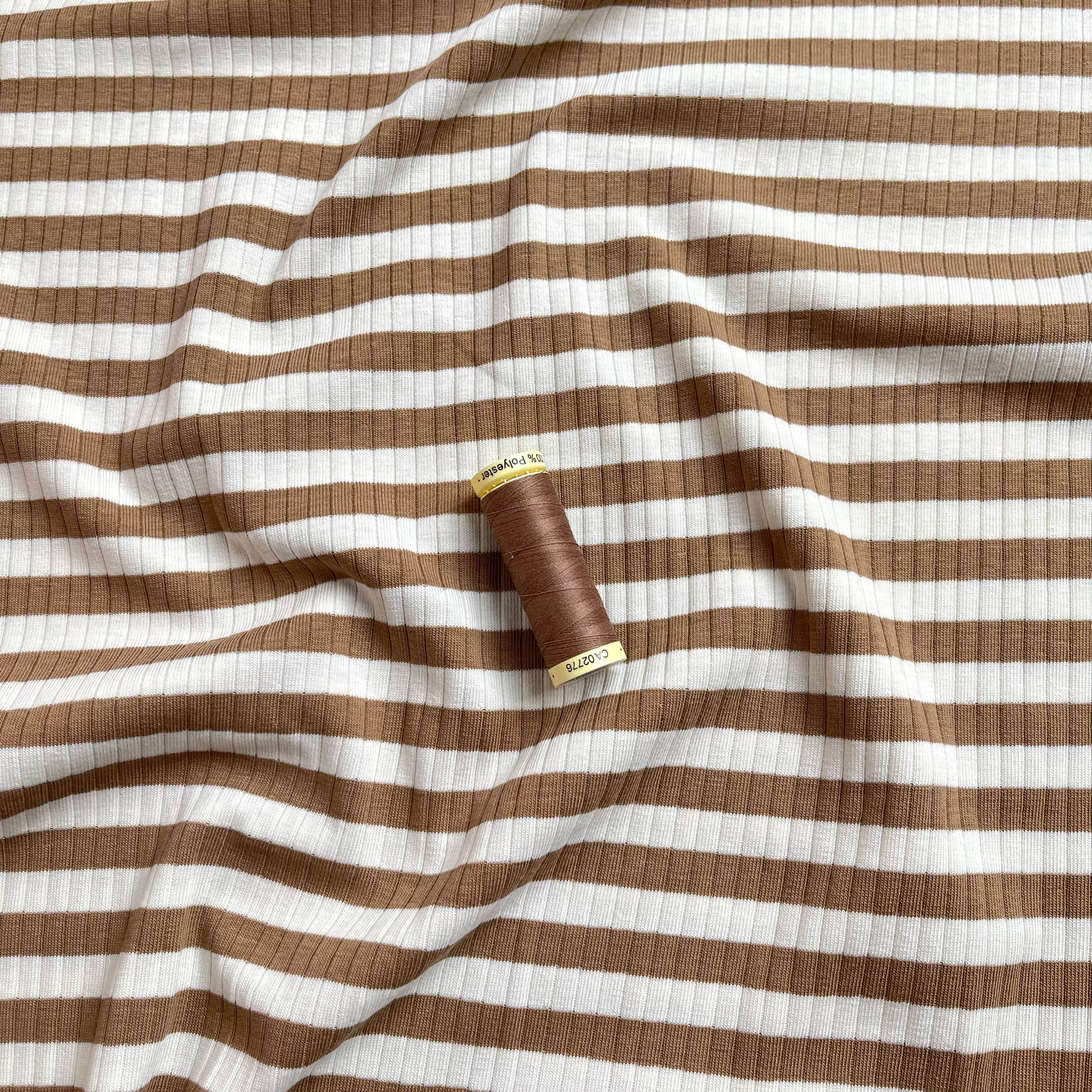 Yarn Dyed Striped Cotton Ribbed Jersey in Mocha Brown and White