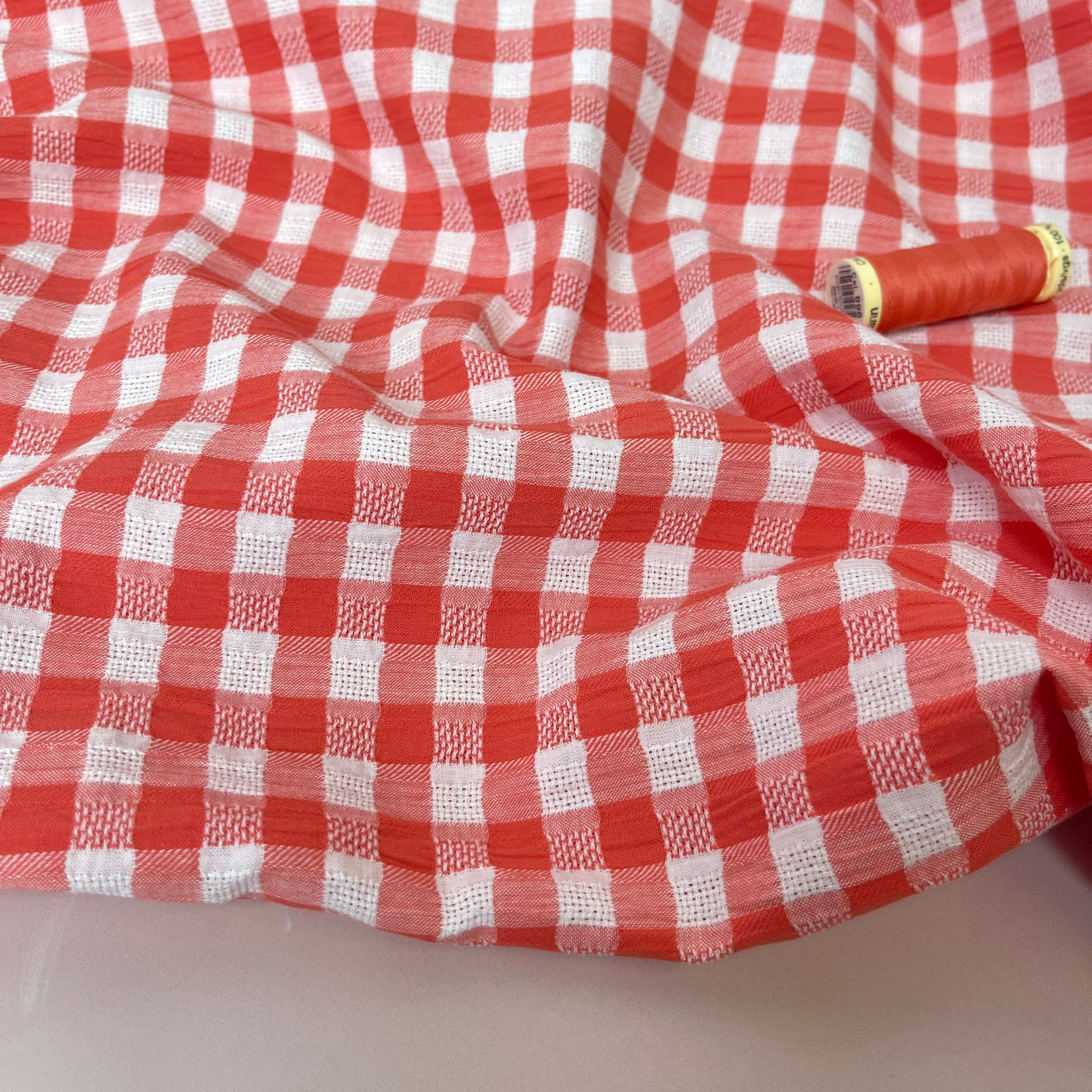 Coral Reef Gingham Cotton Seersucker Fabric