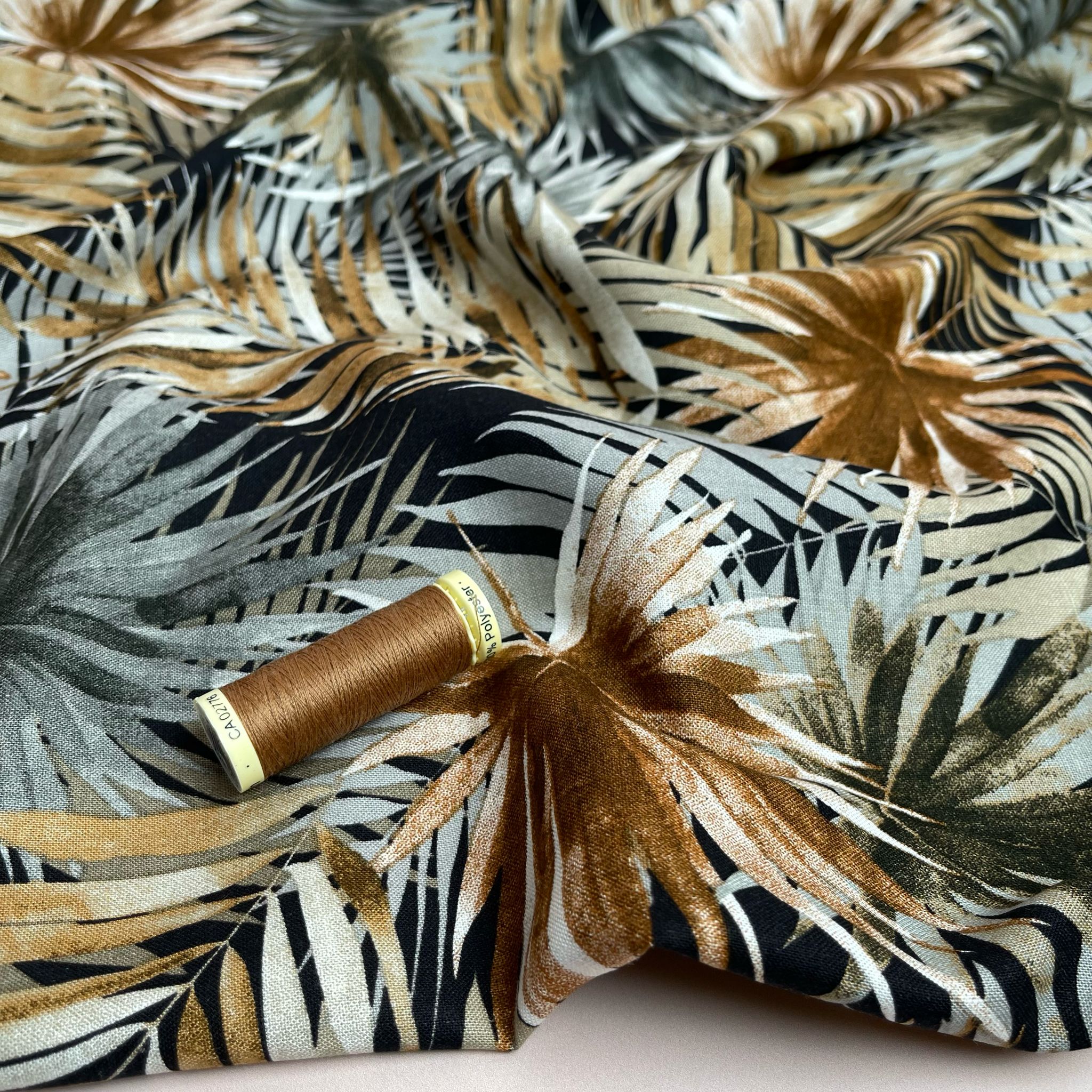 REMNANT 3.09 Metres - Tropical Fan Leaves in Brown Viscose Linen Blend Fabric