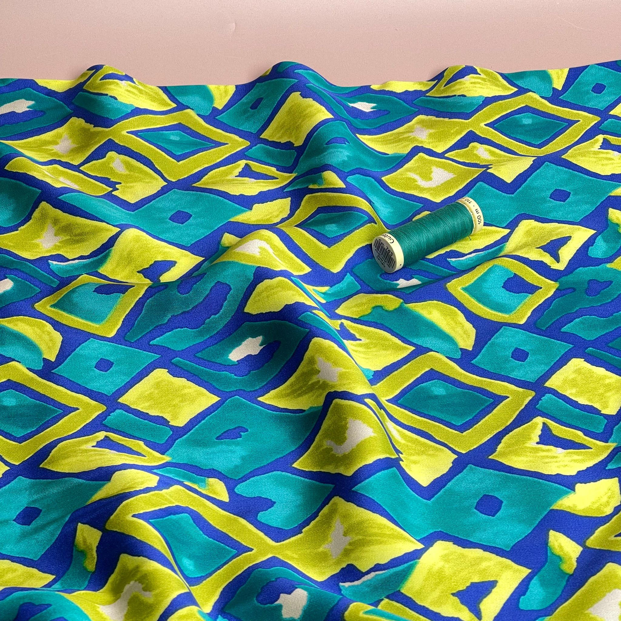 REMNANT 0.43 Metre - Painted Ocean Waves Diamonds Viscose Sateen Fabric