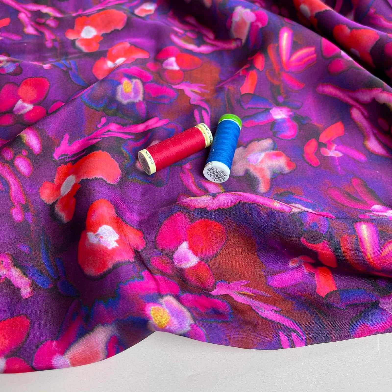 Abstract Petals in Purple Viscose Sateen Fabric