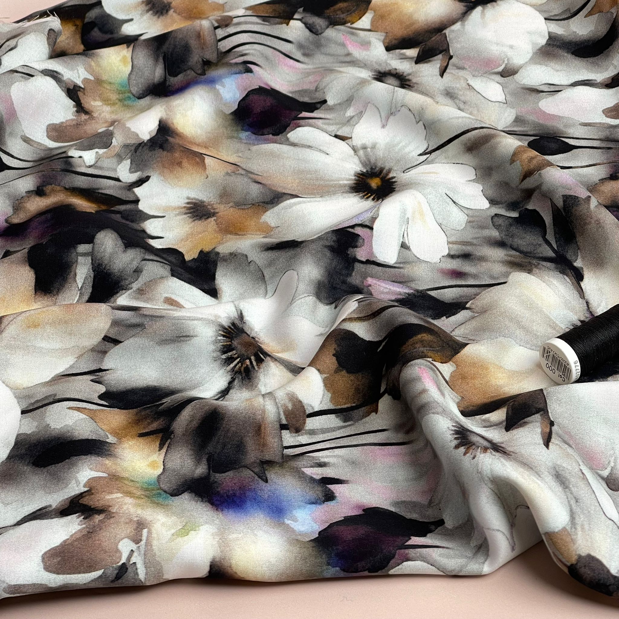 REMNANT 0.82 Metre - Neutral Flowers in Black and White Viscose Poplin Fabric