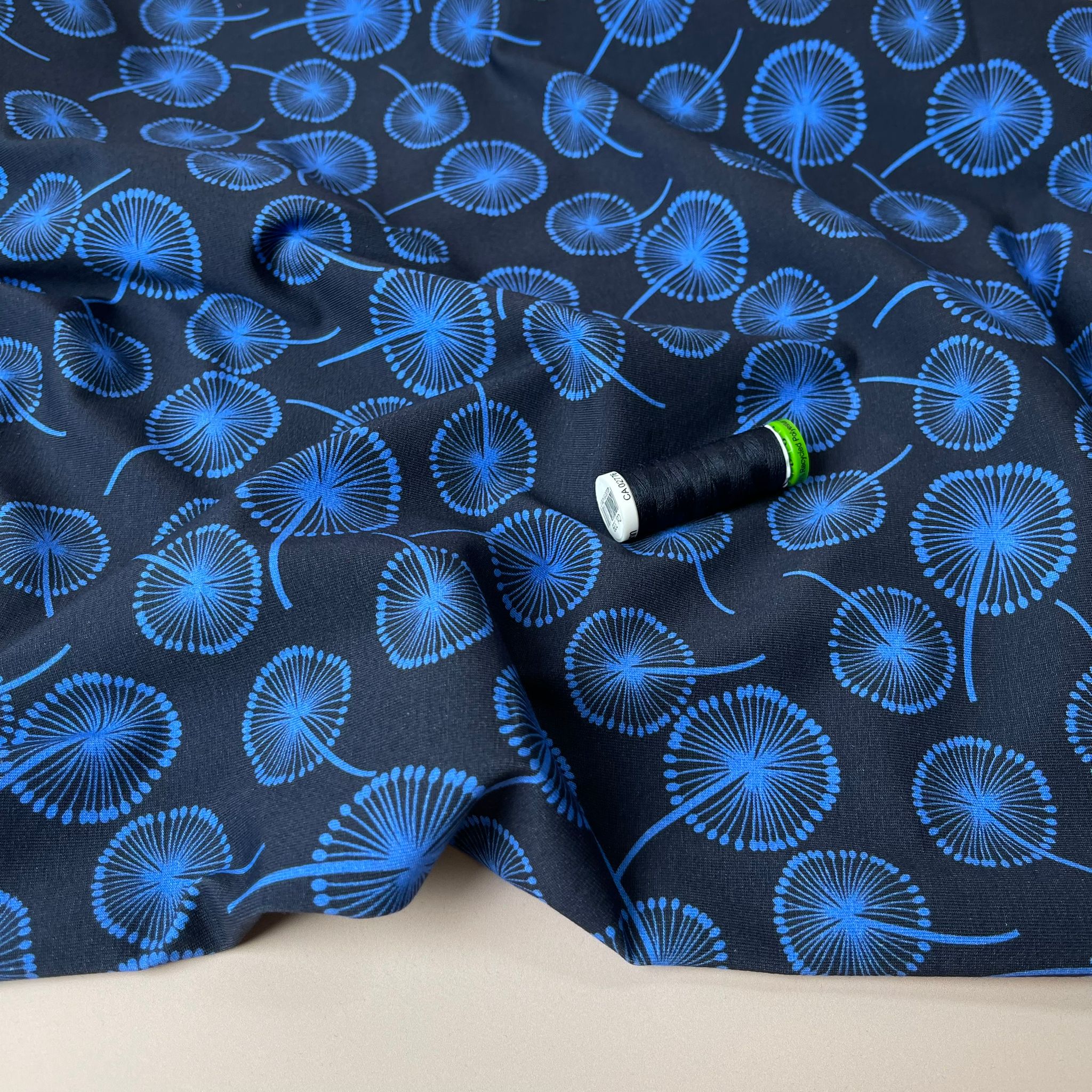 Danish Design - Cobalt Dandelions on Navy Cotton Jersey Fabric