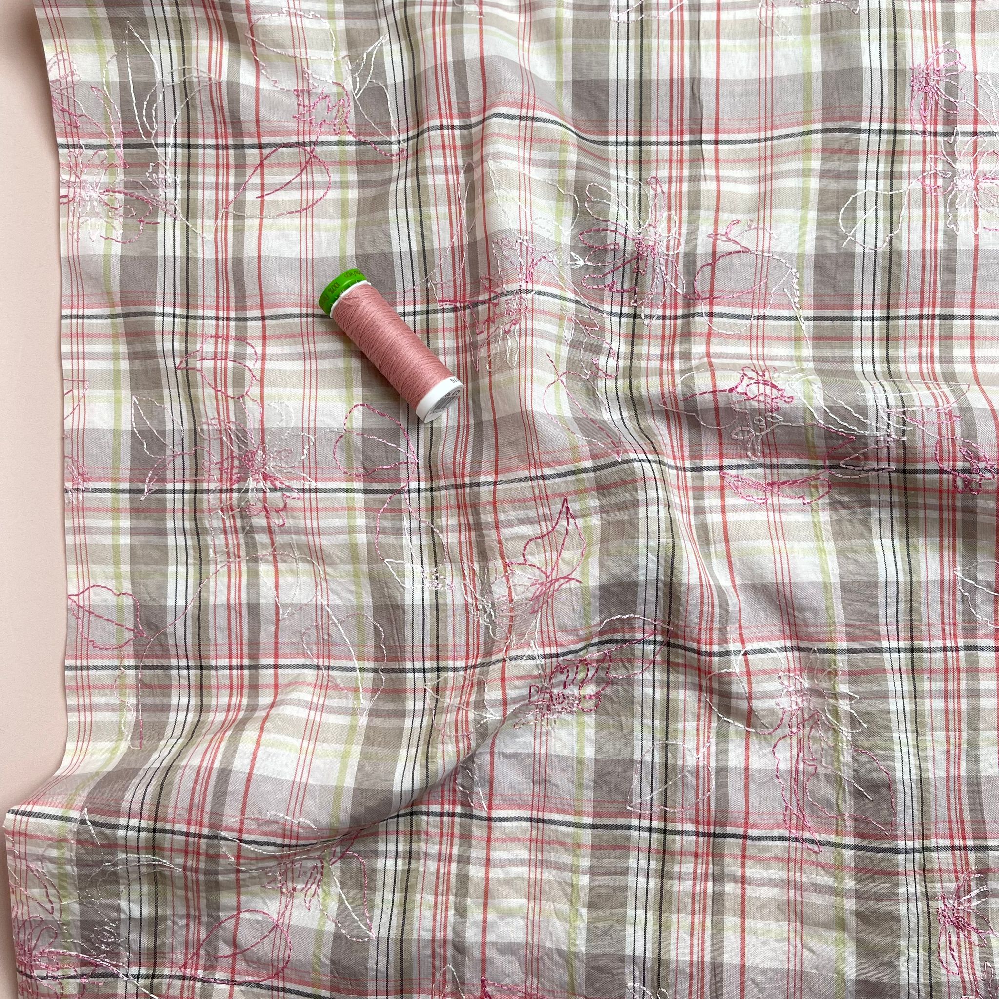 Ex-Designer Deadstock - Embroidered Flowers on Rose Check Poly Cotton Fabric