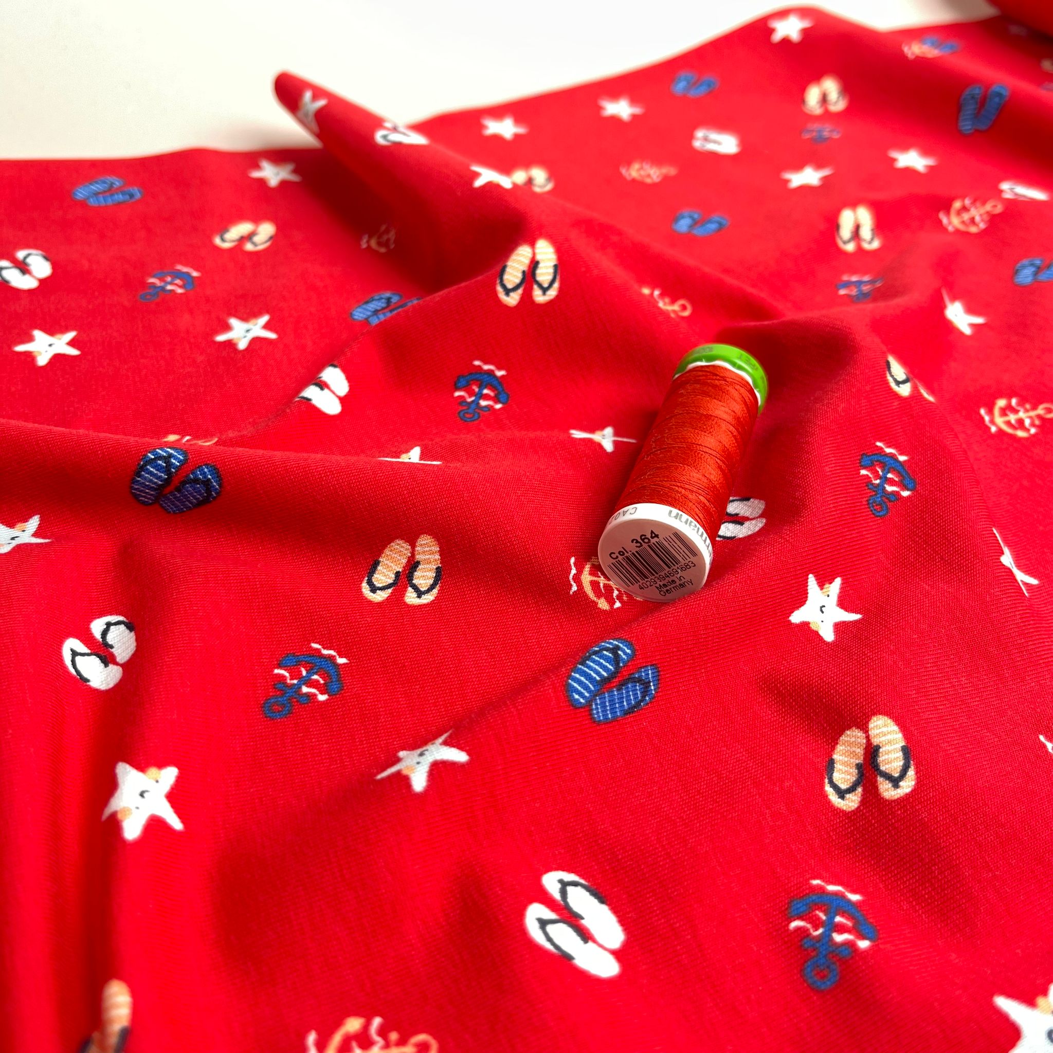 REMNANT 1.75 Metres - At The Beach Red Cotton Jersey Fabric