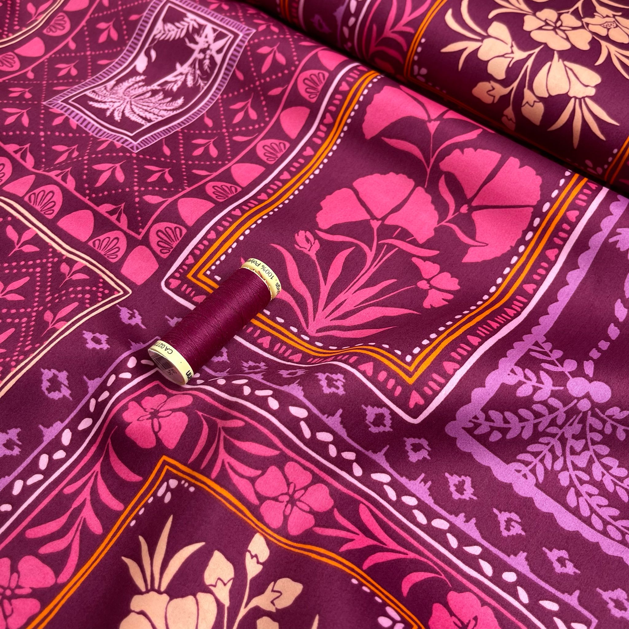 Patchwork Foliage Fuchsia Cotton Sateen Fabric