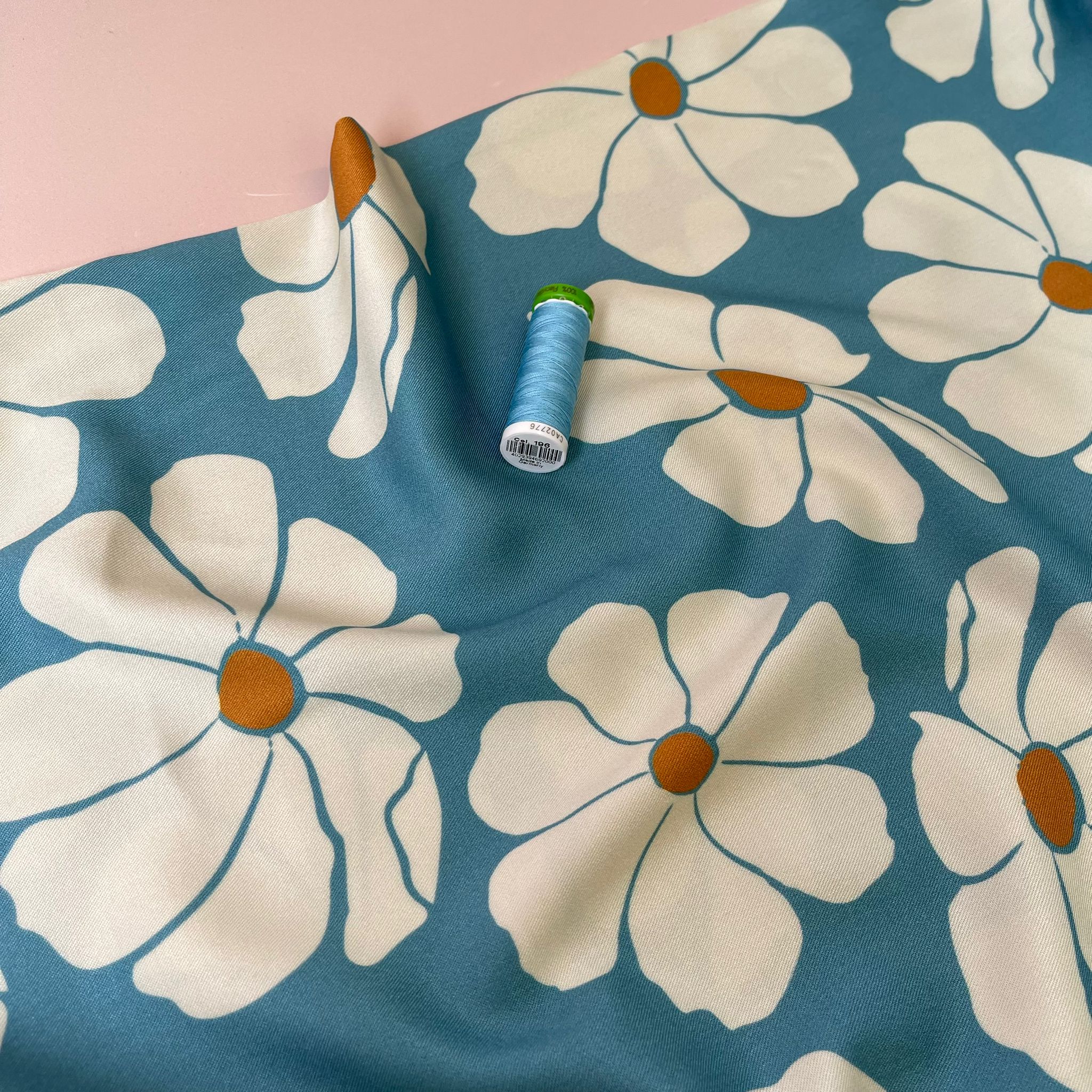 REMNANT 2.34 Metres - Light & Lush - Bold White Blooms on Blue Viscose Twill Fabric