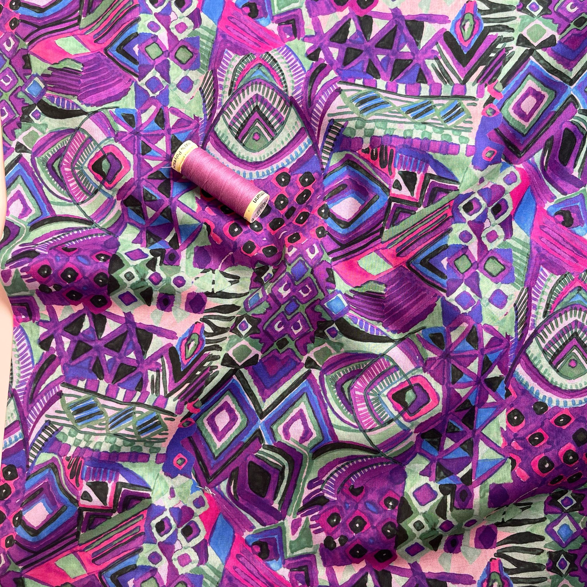 REMNANT 0.64 Metre - Painted Purple Aztec Cotton Voile Fabric