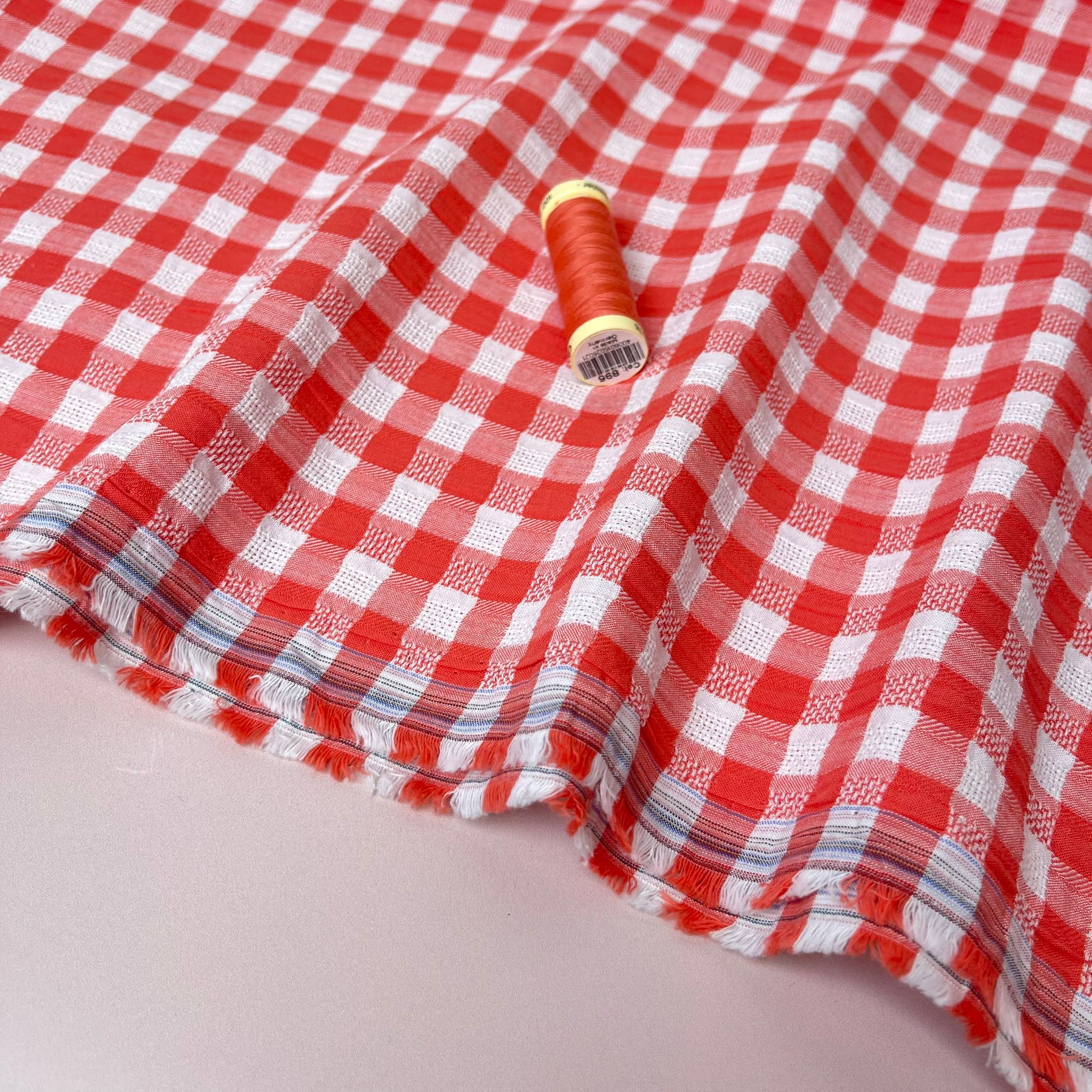 Coral Reef Gingham Cotton Seersucker Fabric