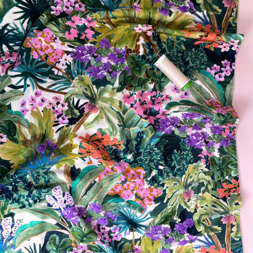 REMNANT 2.39 Metres - Exotic Jungle on Ecru Viscose Jersey Fabric