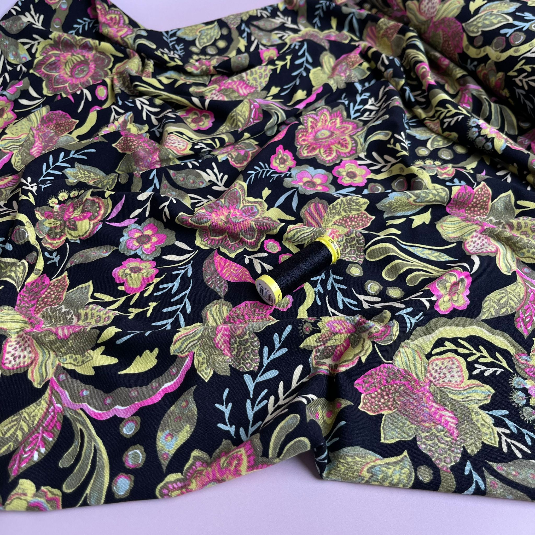 REMNANT 0.61 Metre - Ornate Flower in Lime and Pink De Luxe Viscose Jersey Fabric