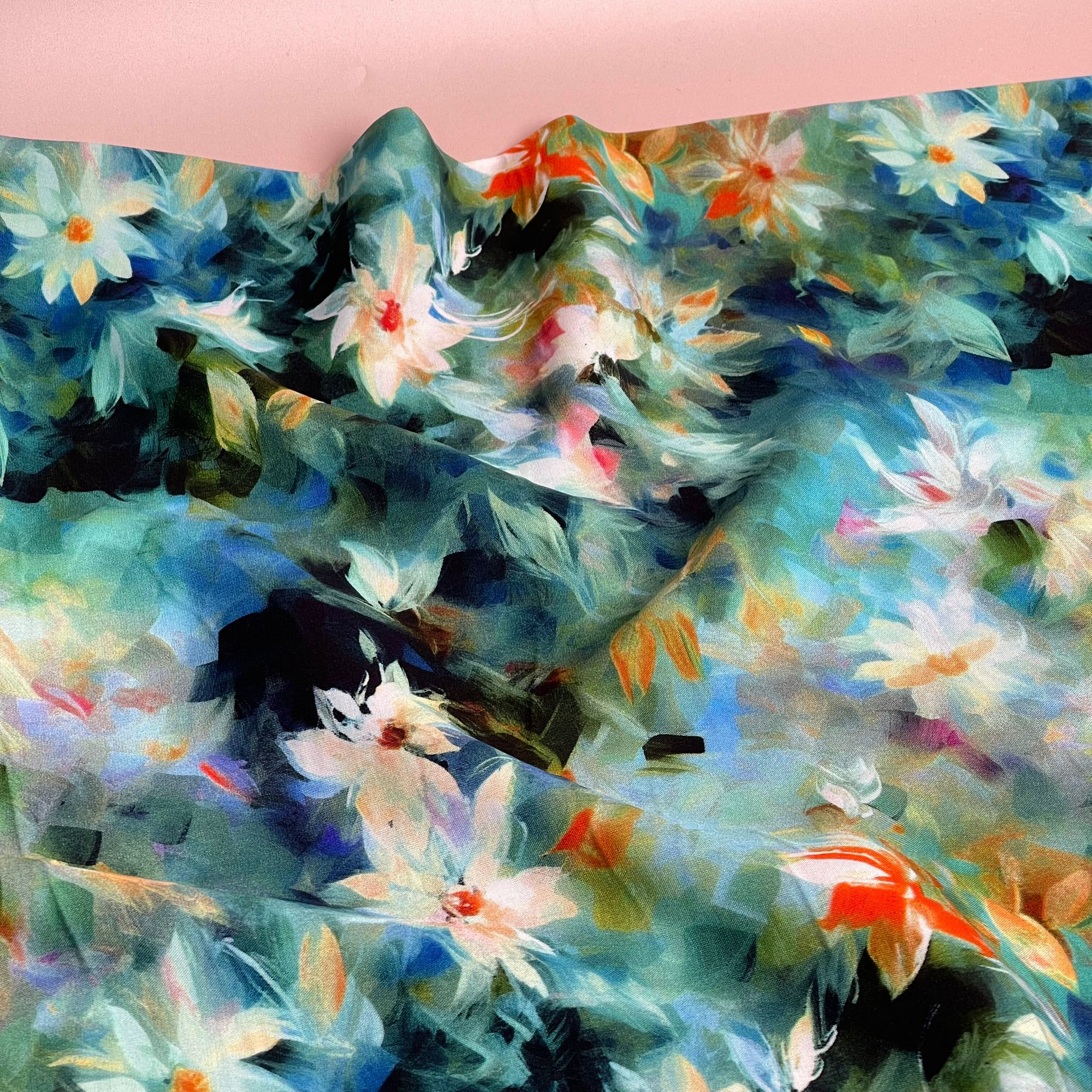 Watercolour Florals Teal Viscose Poplin Fabric