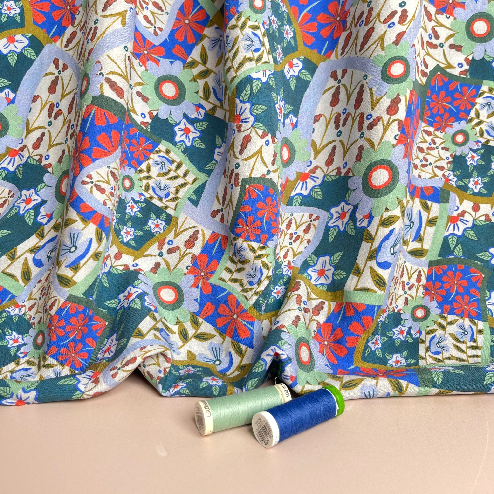 Floral Patchwork Print in Blue and Red Viscose Fabric