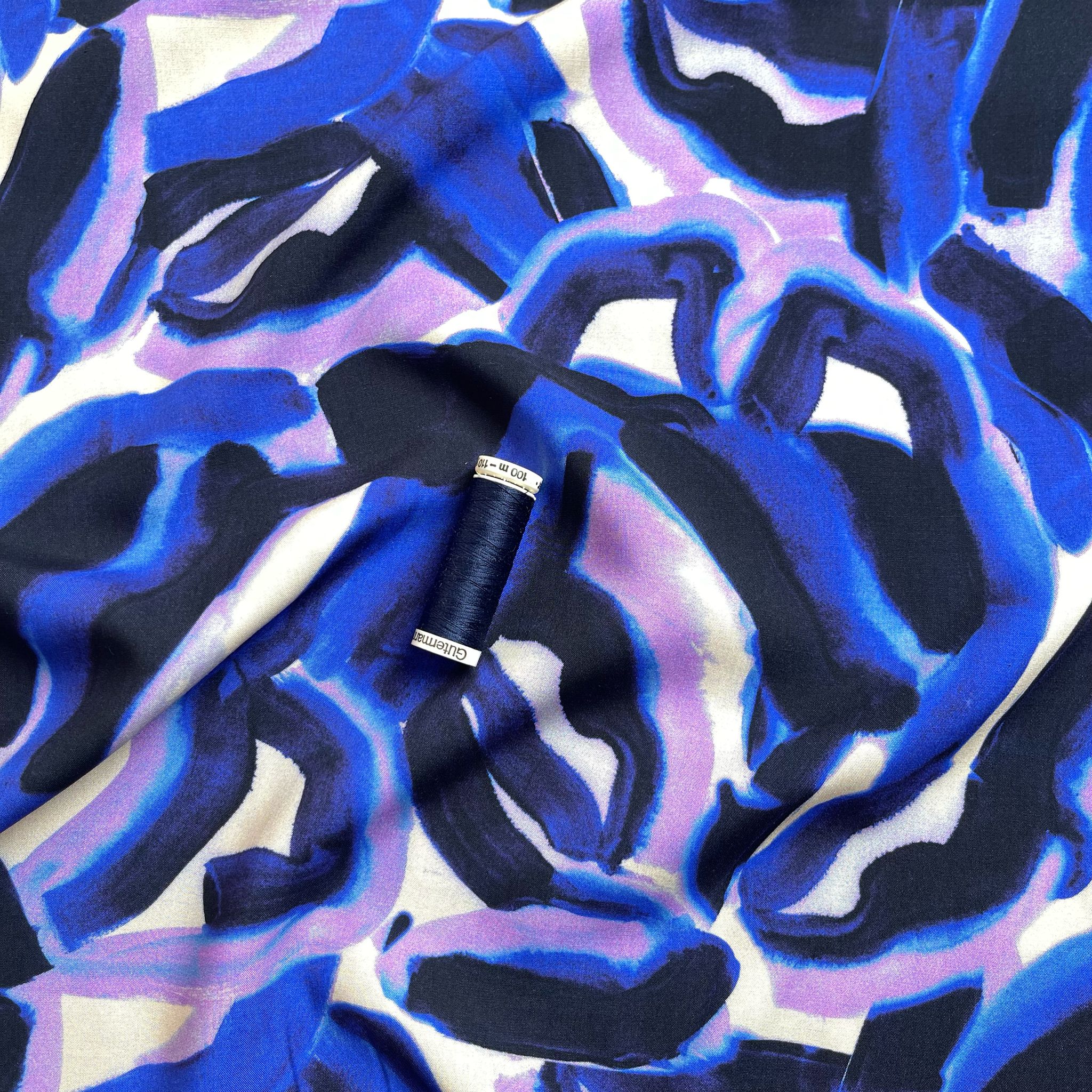 REMNANT 0.9 Metre (pulled stitch and area with dye missing ) Abstract Navy and Lilac Viscose Fabric