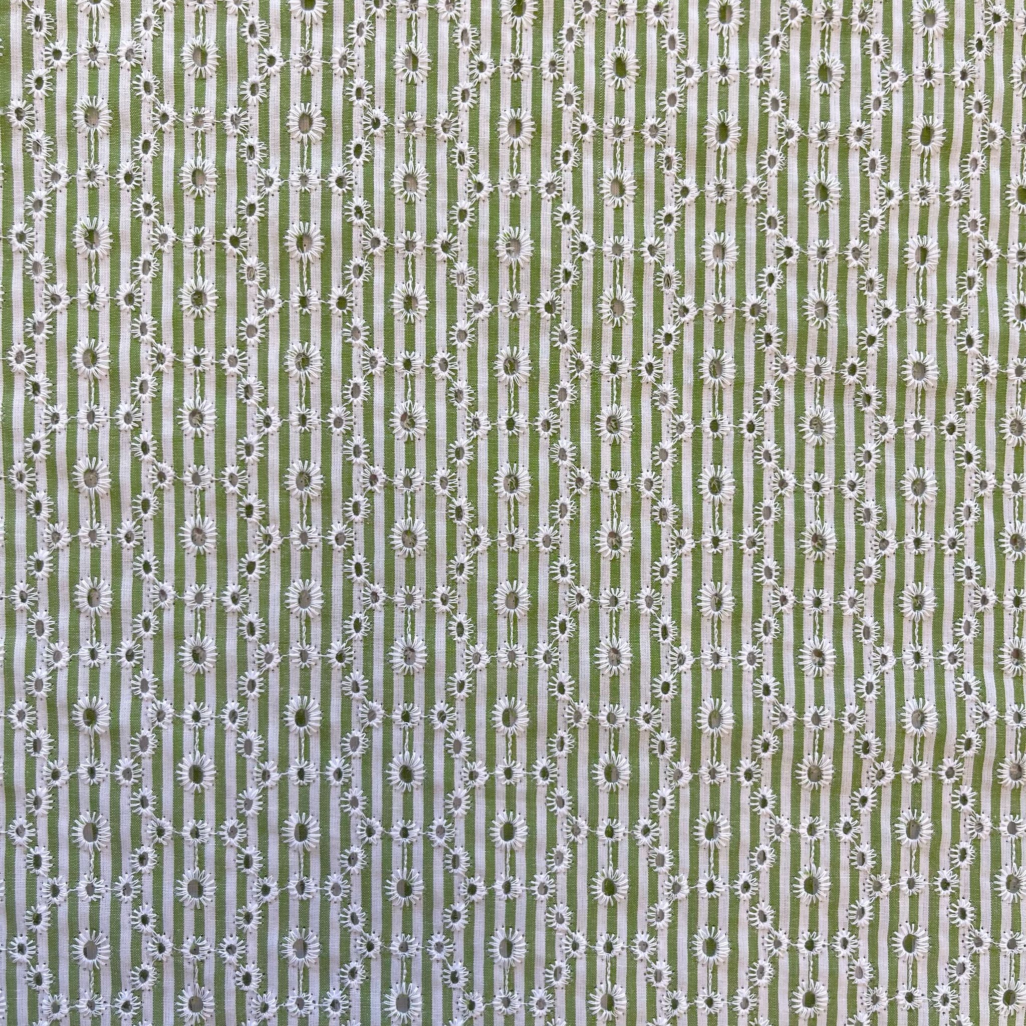 Spring Green Striped Broderie Anglaise Cotton Fabric