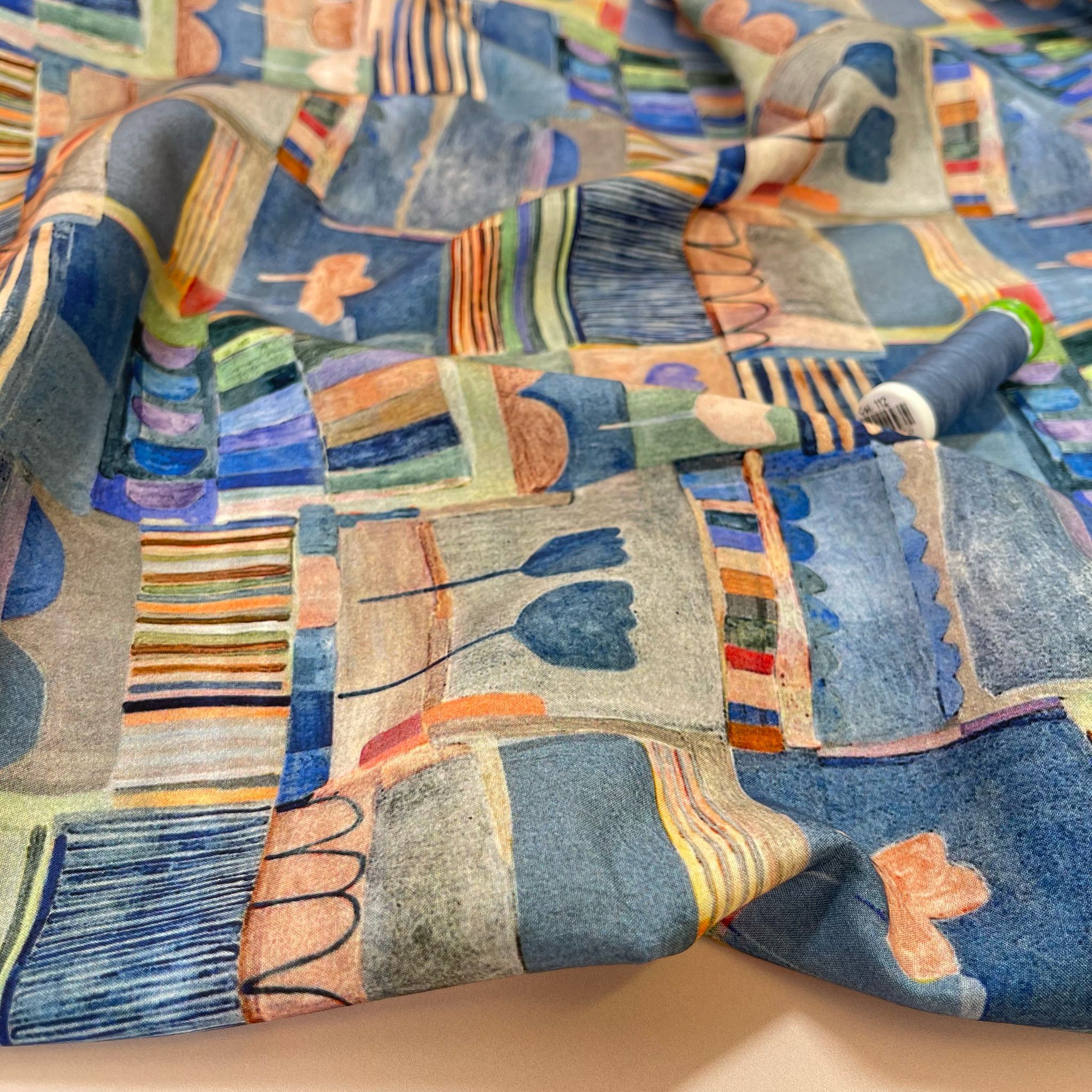 REMNANT 0.67 Metre - Patchwork Sketches Dusty Blue Viscose Fabric