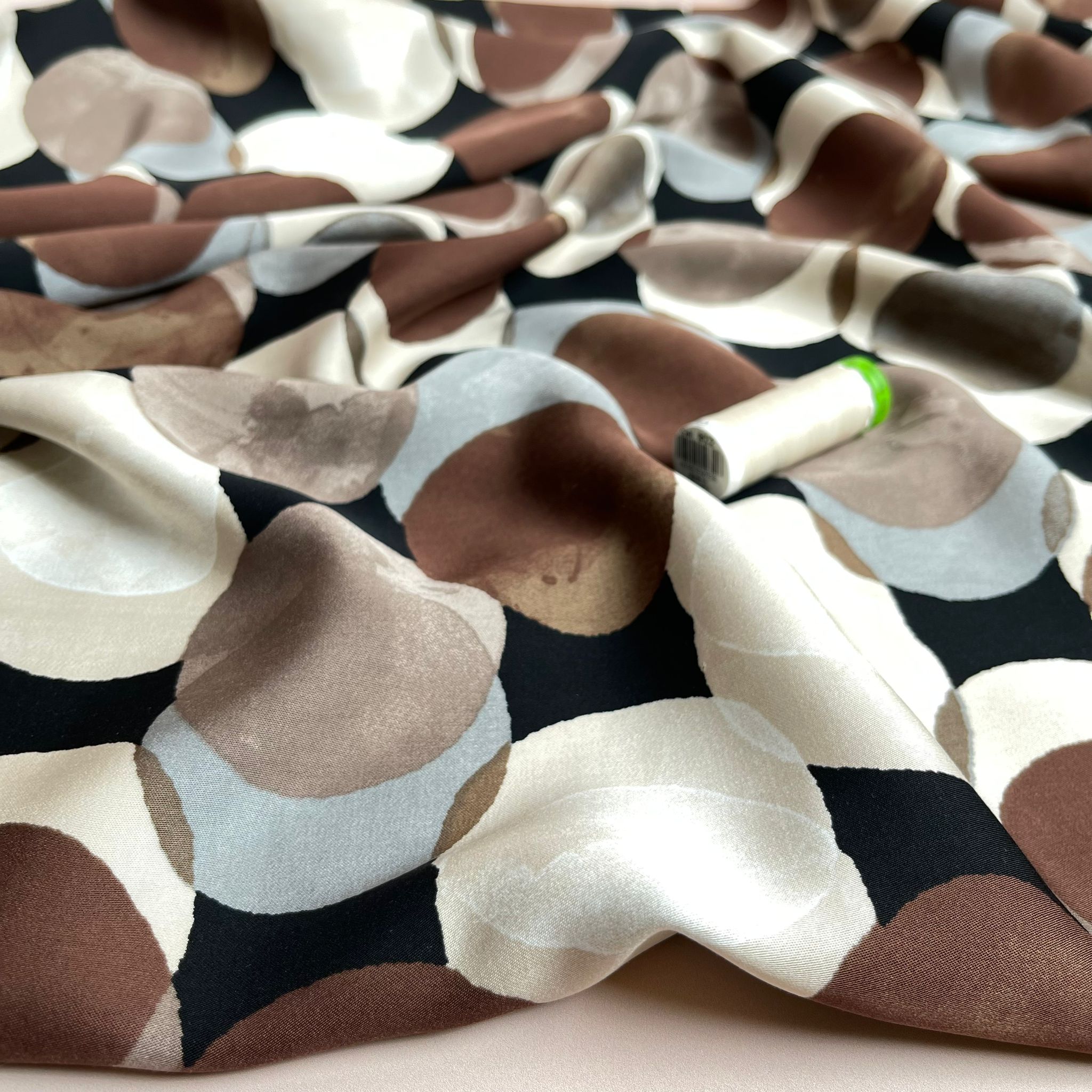 Watercolour Dots on Black Viscose Sateen Fabric
