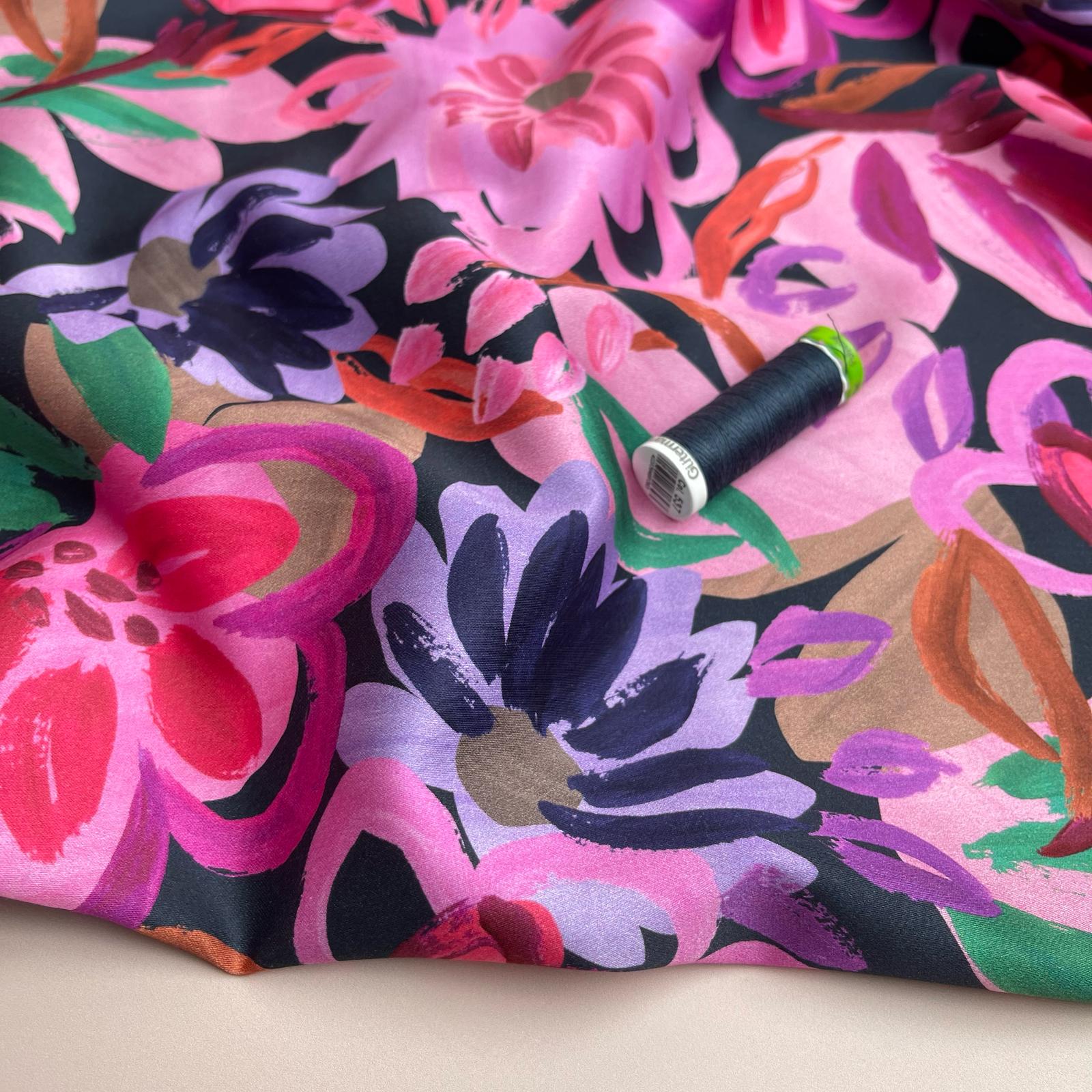 Painted Spring Garden on Dark Navy Cotton Sateen Fabric