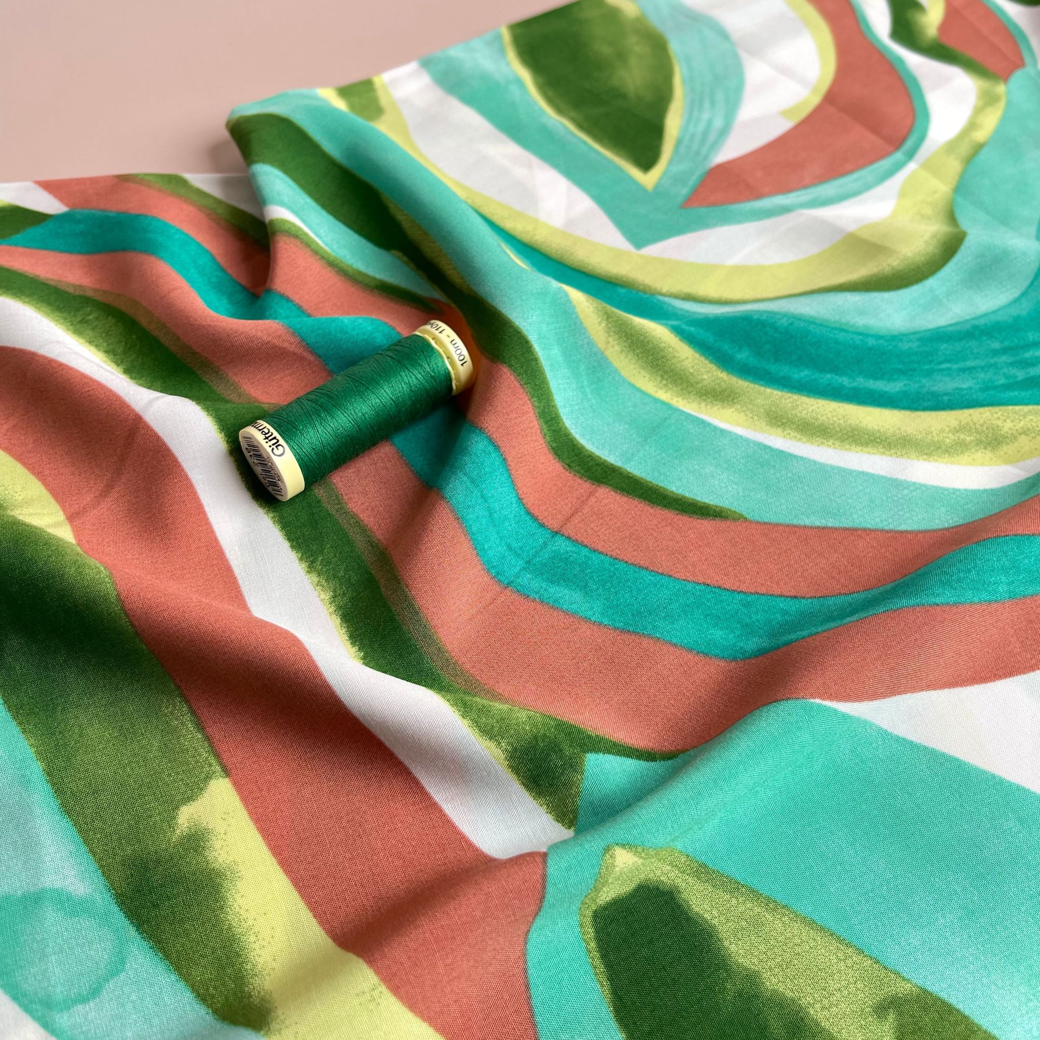 Abstract Waves Green Viscose Poplin Fabric
