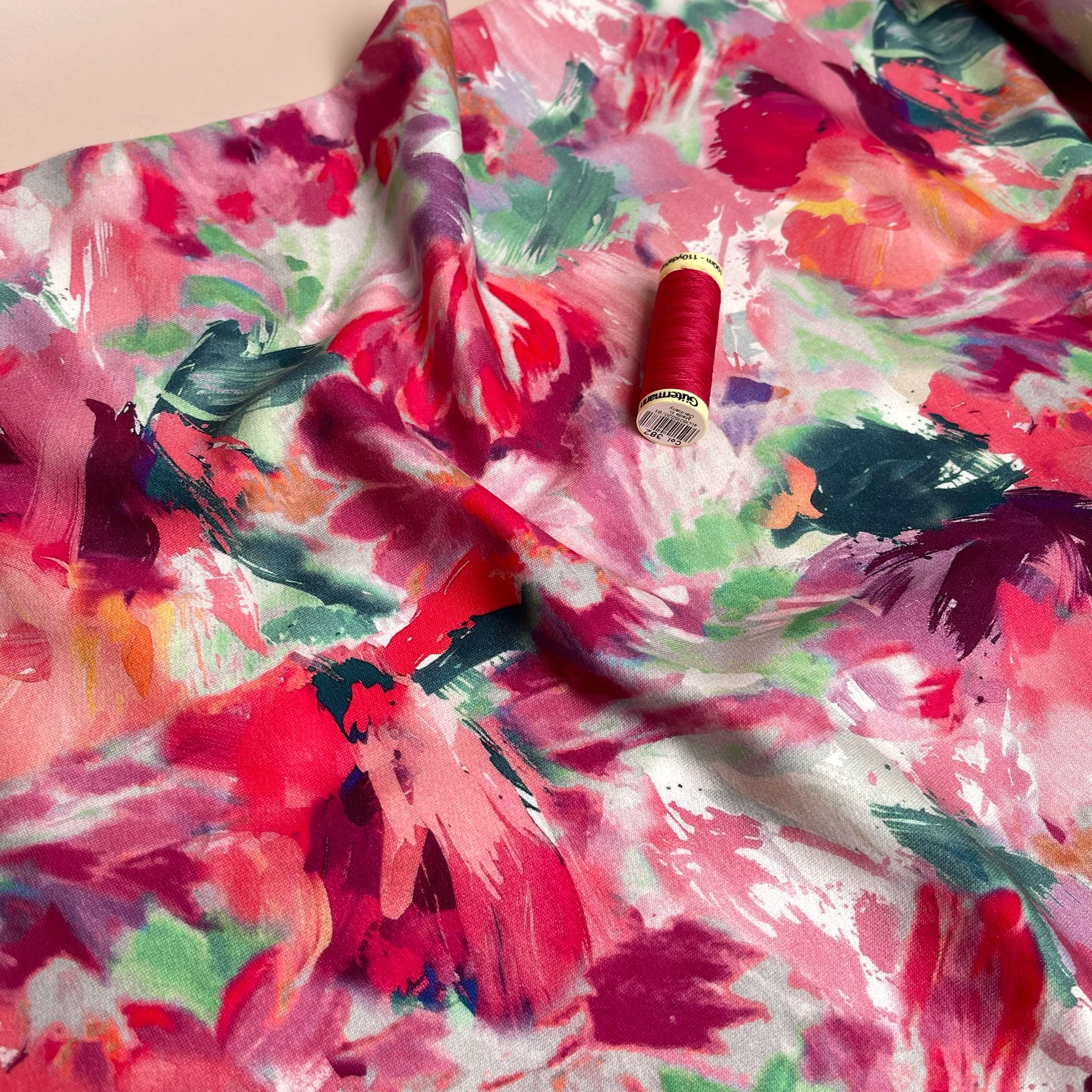 REMNANT 0.92 Metre - Painted Fuchsia Blooms Cotton French Terry