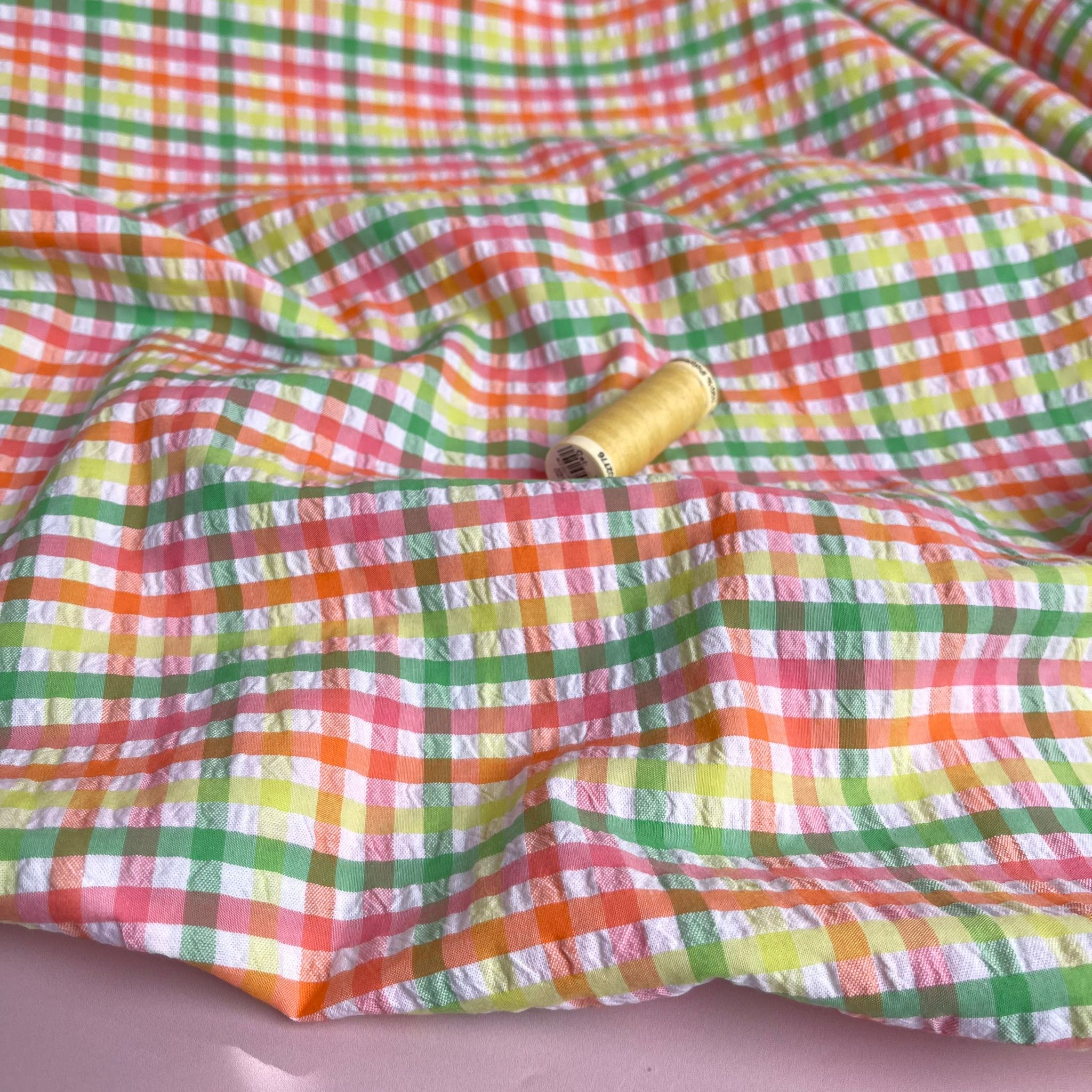 Yarn Dyed Neon Rainbow Checks Cotton Seersucker Fabric