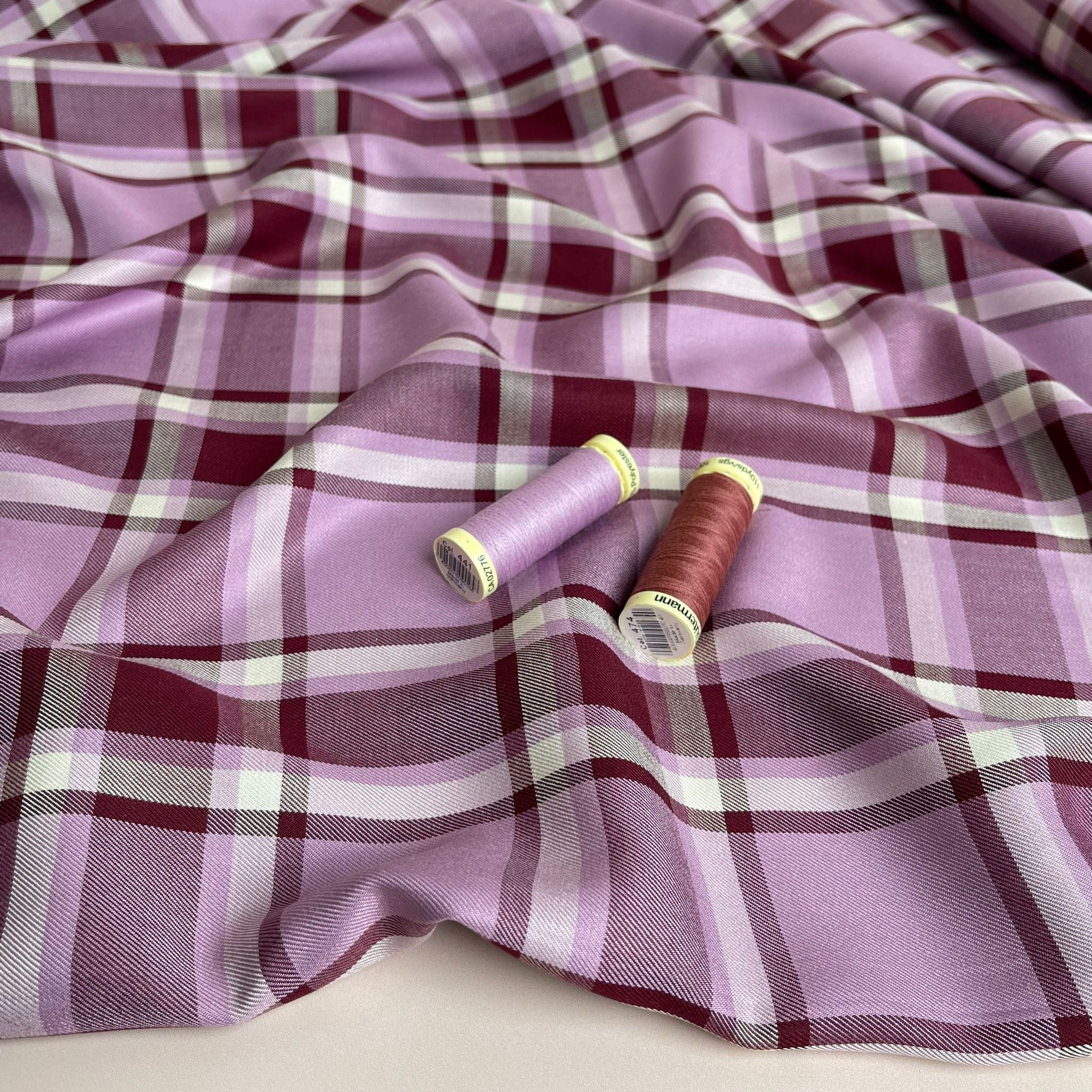 Yarn Dyed Mauve Check Viscose Twill Fabric