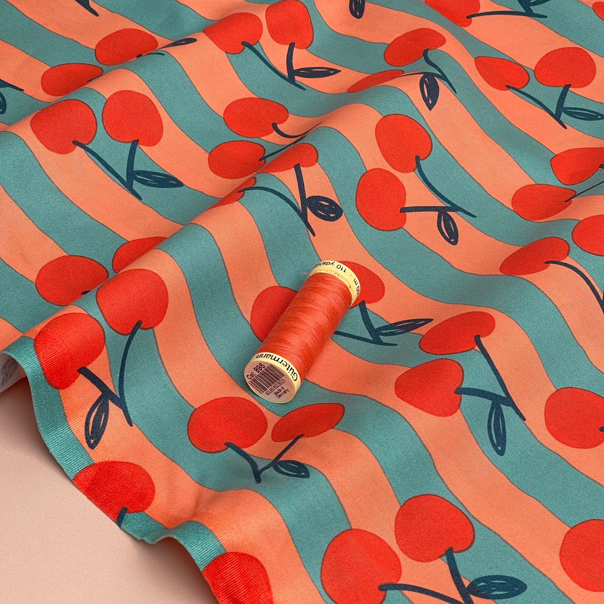 Funky Cherry Stripes on Turquoise Cotton Poplin Fabric