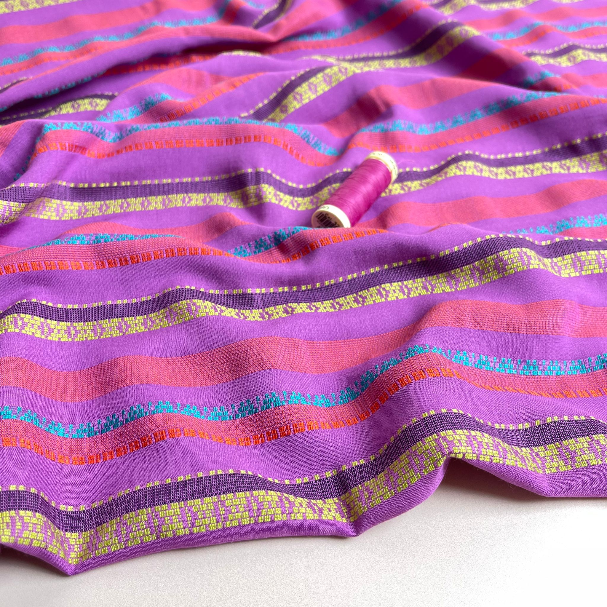 Yarn Dyed Embroidered Stripes on Pink Viscose Fabric