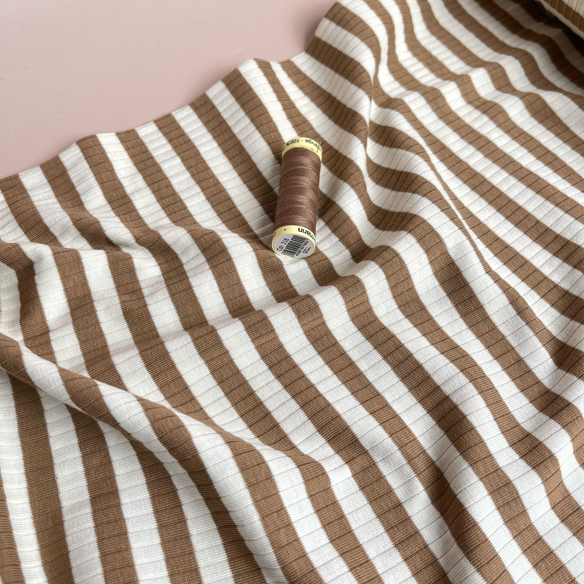 Yarn Dyed Striped Cotton Ribbed Jersey in Mocha Brown and White