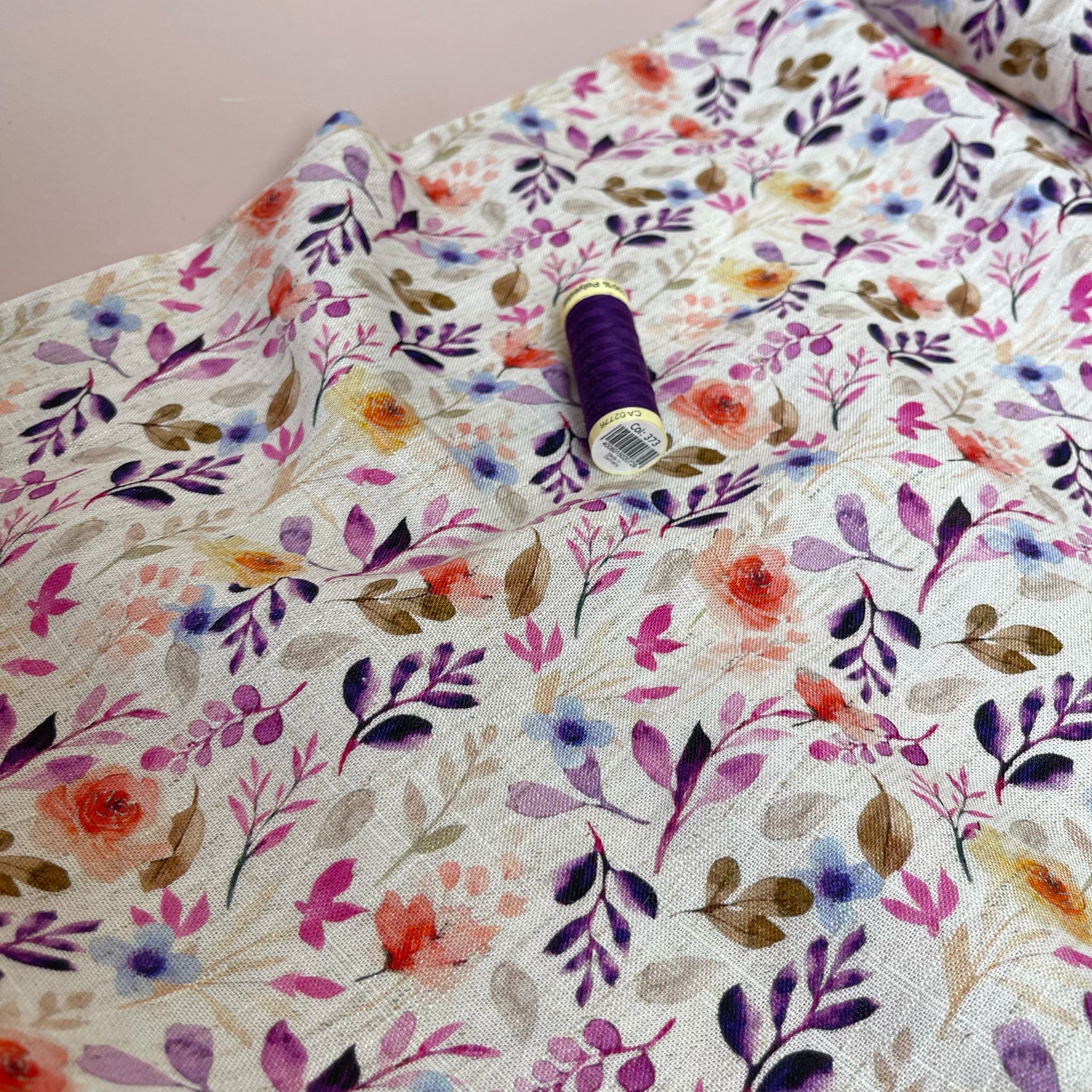 Purple Foliage on Ecru Viscose Linen Fabric