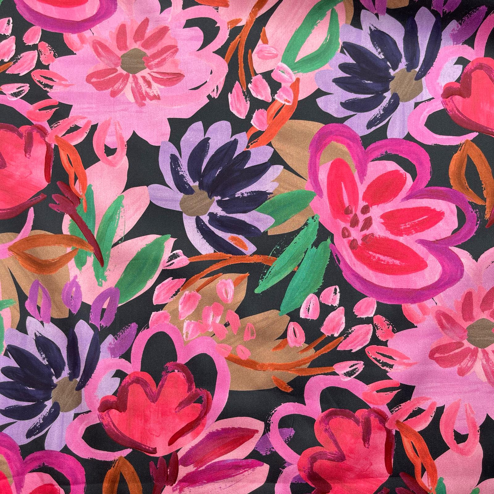 Painted Spring Garden on Dark Navy Cotton Sateen Fabric