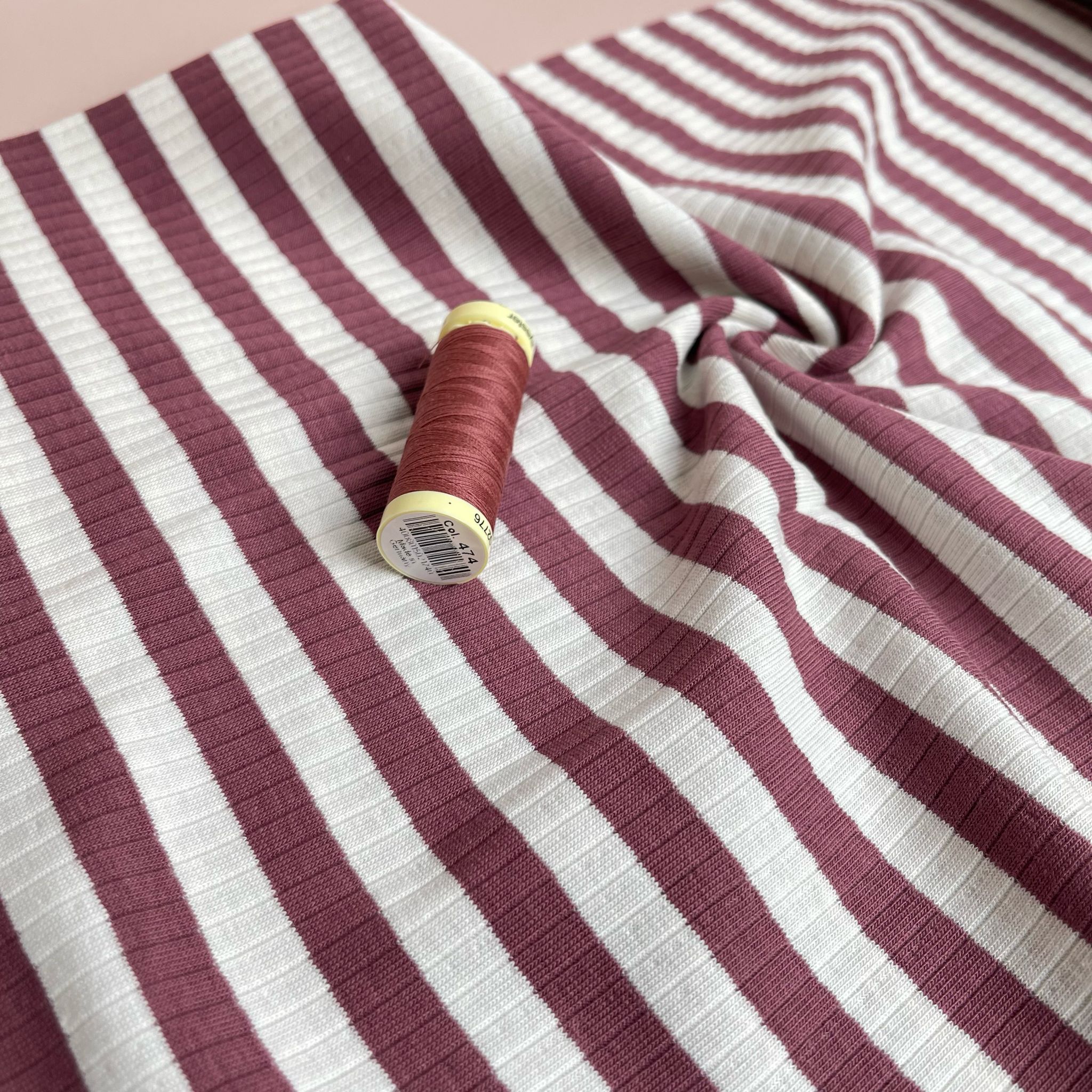 Yarn Dyed Striped Cotton Ribbed Jersey in Dark Mauve and White