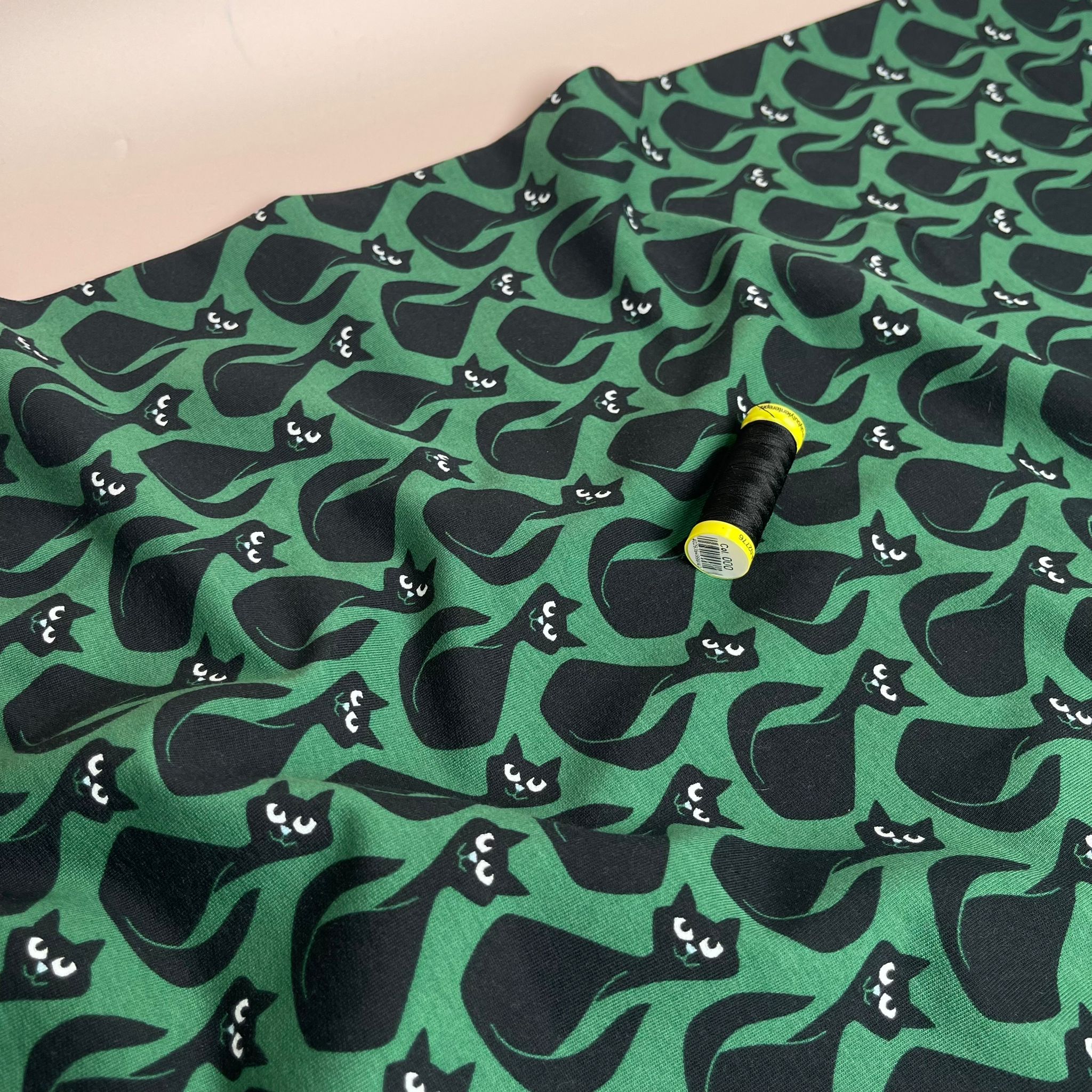 Black Cats on Emerald Cotton French Terry