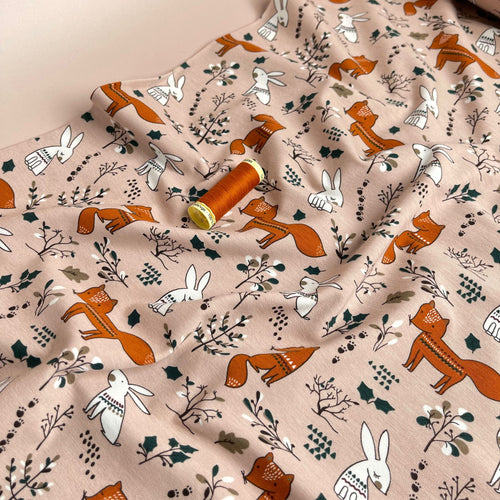 Foxes and Rabbits on Pink Cotton Jersey Fabric