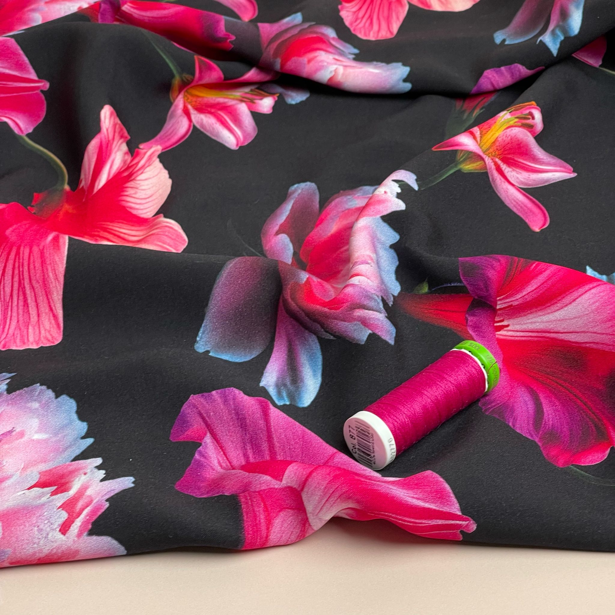 REMNANT 1.2 Metres - Fuchsia Blooms on Black Viscose Fabric