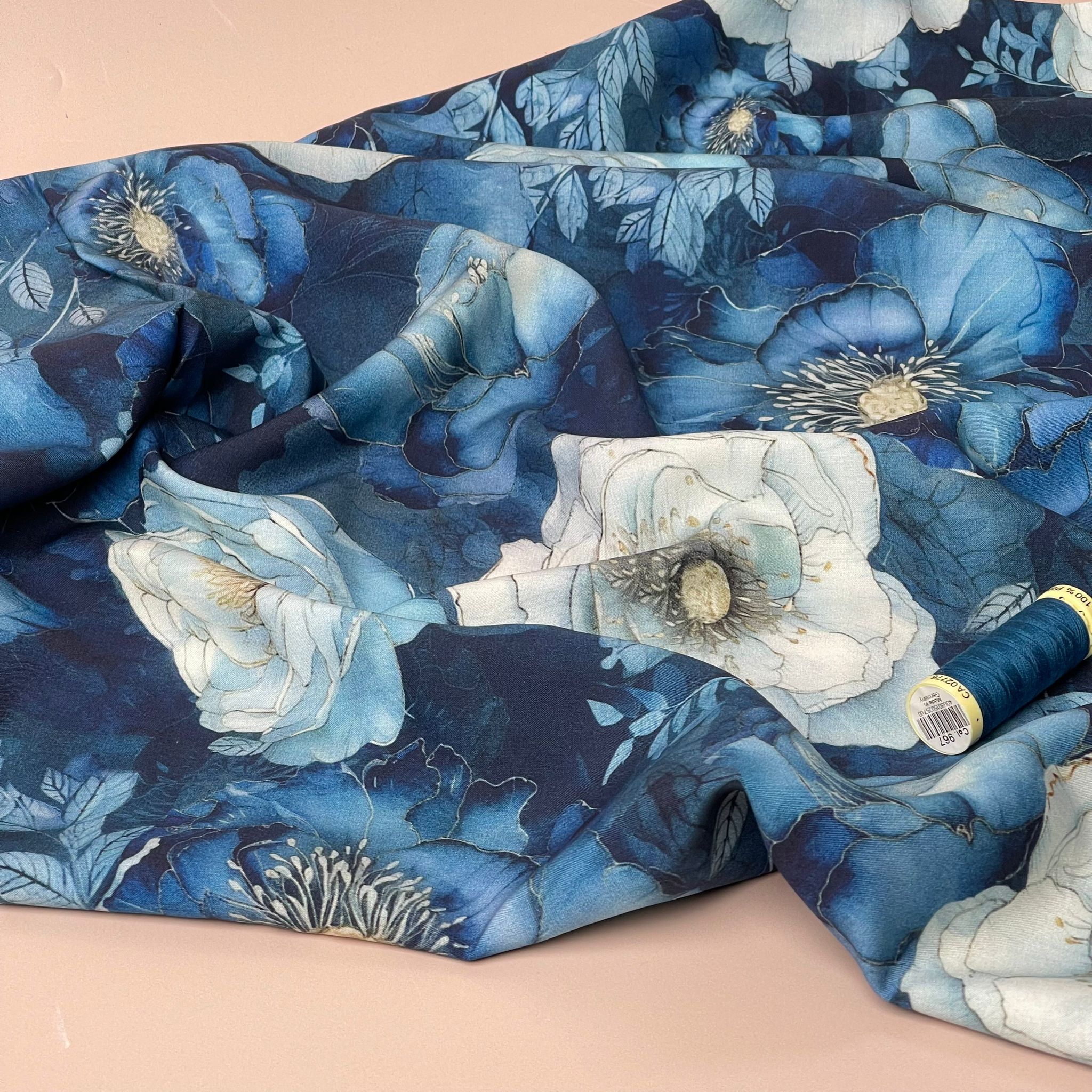 Peony Blooms on Blue Viscose Fabric