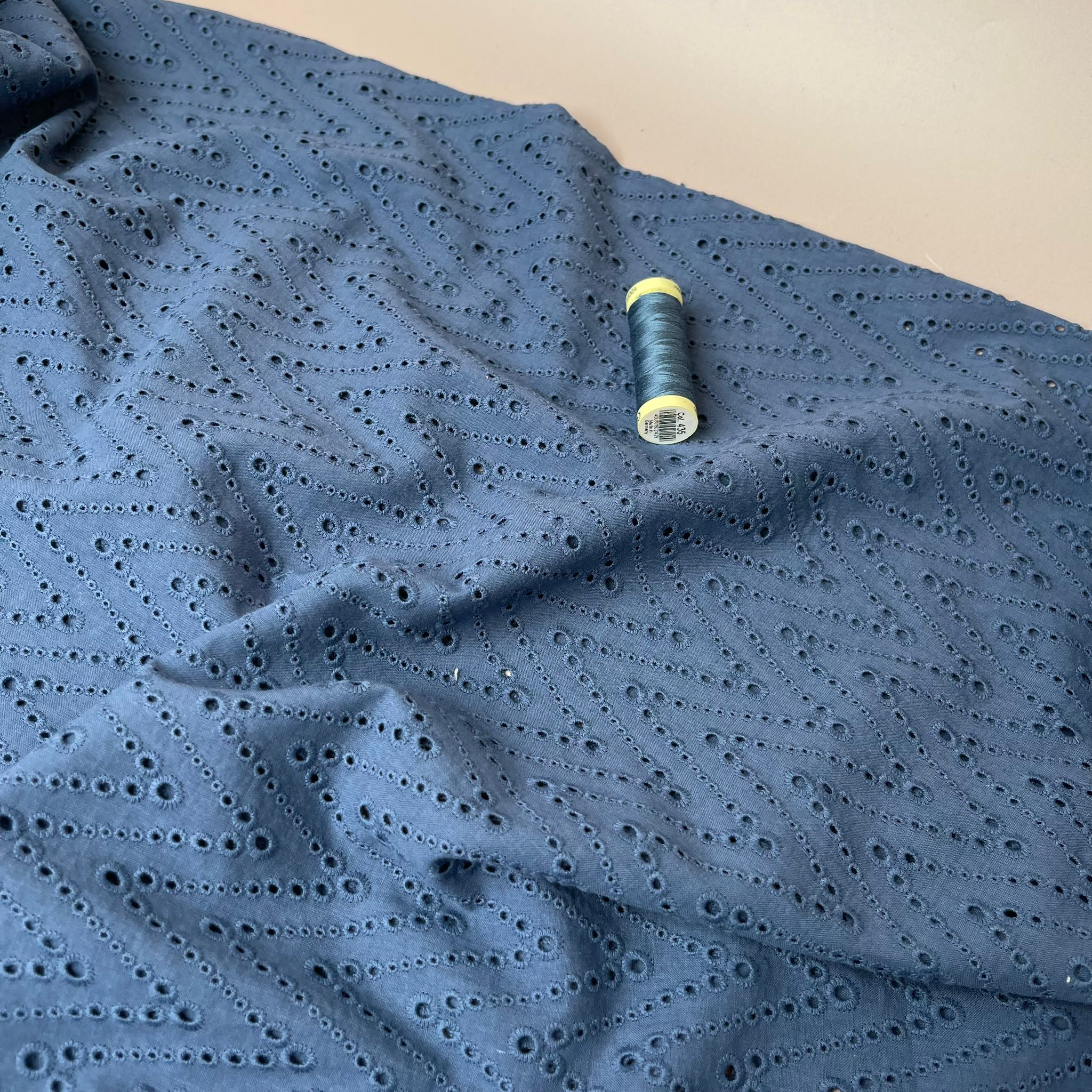 Embroidered Zig-Zags on Denim Navy Cotton Broderie Anglaise Fabric